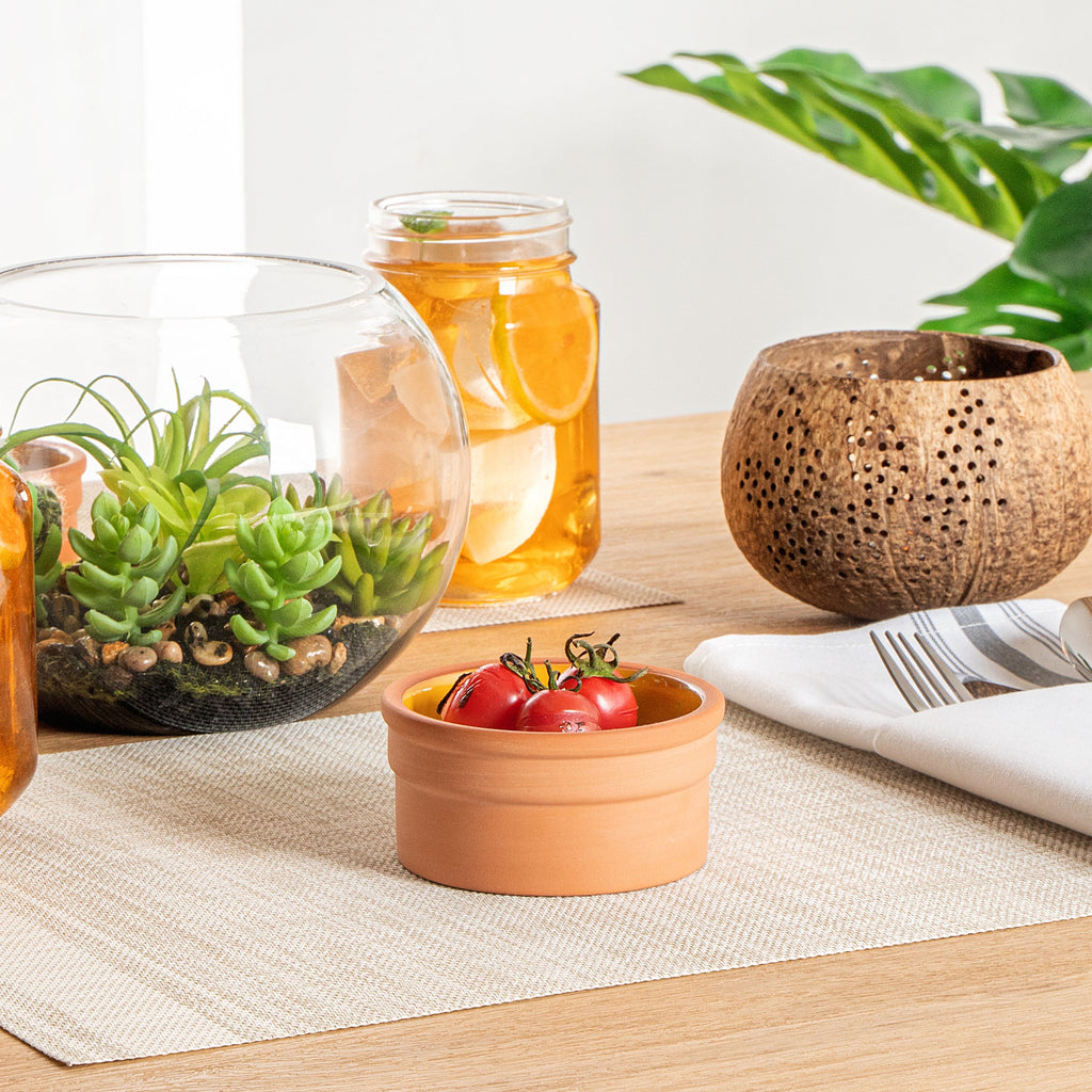 Terra Tek 5 oz Terracotta Cazuela Bowl - Yellow Glazed Interior, Oven-Safe, Microwave-Safe - 3 3/4" x 3 3/4" x 1 3/4" - 10 count box