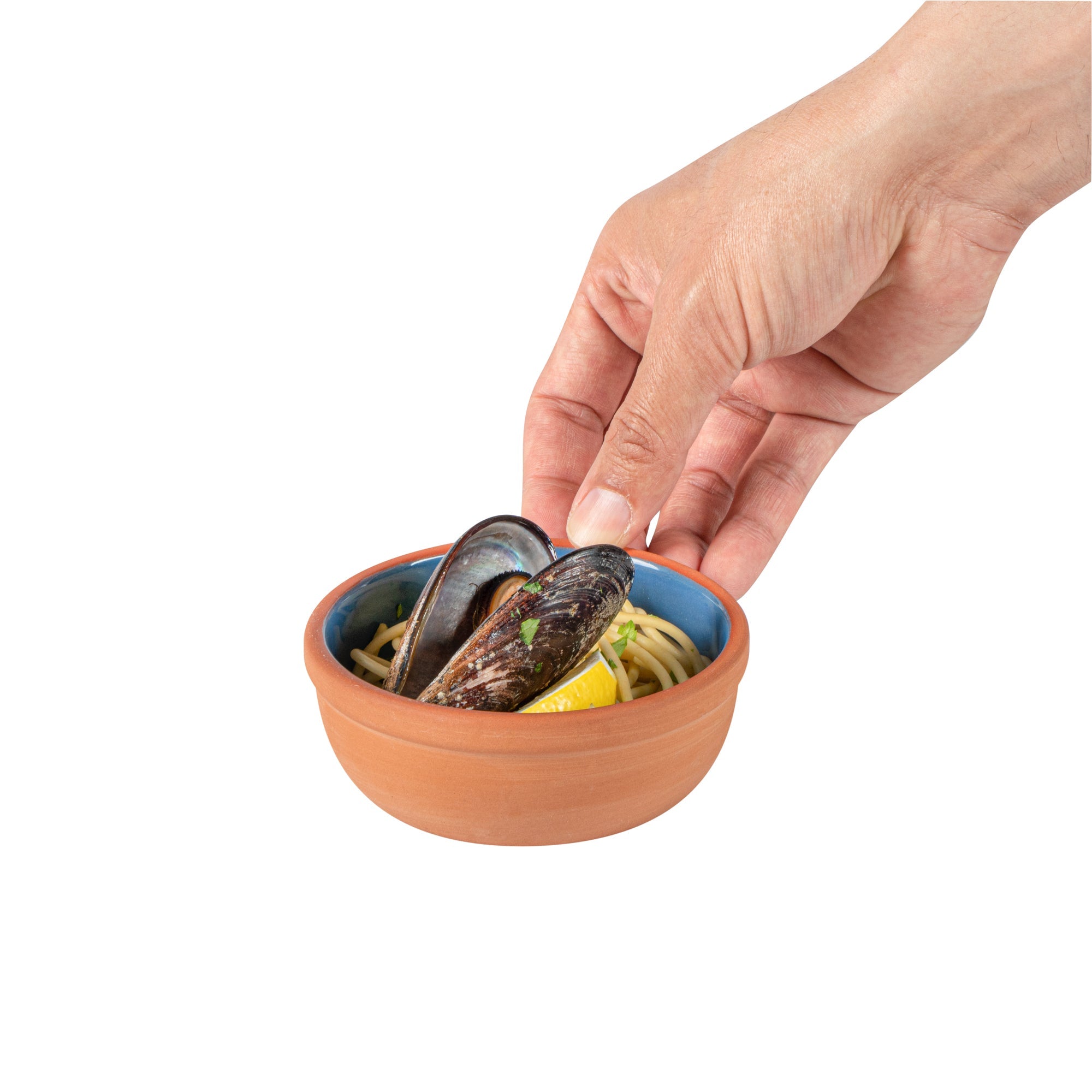 Terra Tek 5 oz Terracotta Cazuela Bowl - Blue Glazed Interior, Oven-Safe, Microwave-Safe - 4'' x 4'' x 1 1/2'' - 10 count box