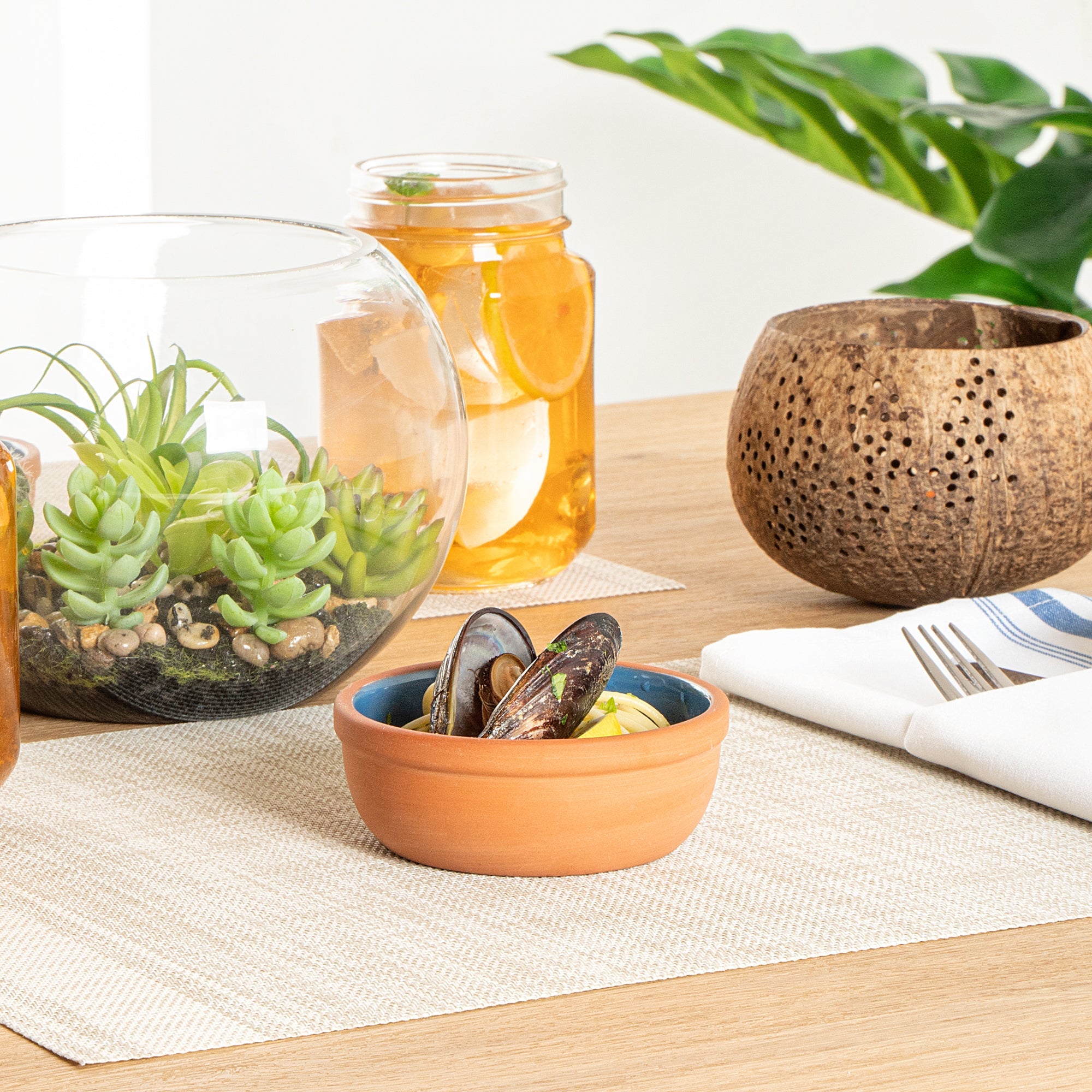 Terra Tek 5 oz Terracotta Cazuela Bowl - Blue Glazed Interior, Oven-Safe, Microwave-Safe - 4'' x 4'' x 1 1/2'' - 10 count box