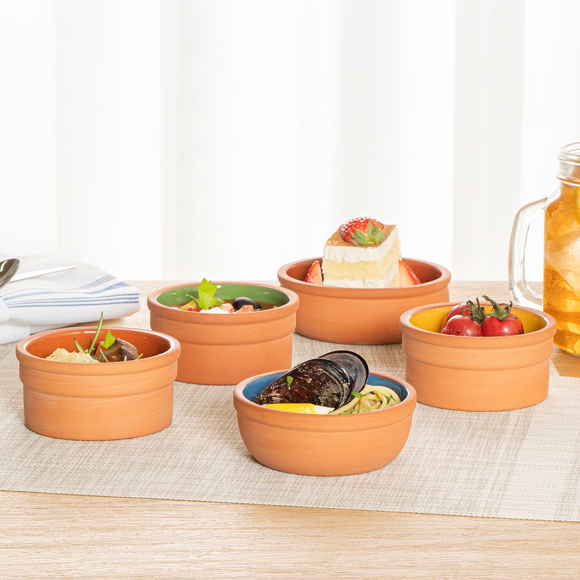 Terra Tek 5 oz Terracotta Cazuela Bowl - Blue Glazed Interior, Oven-Safe, Microwave-Safe - 4'' x 4'' x 1 1/2'' - 10 count box