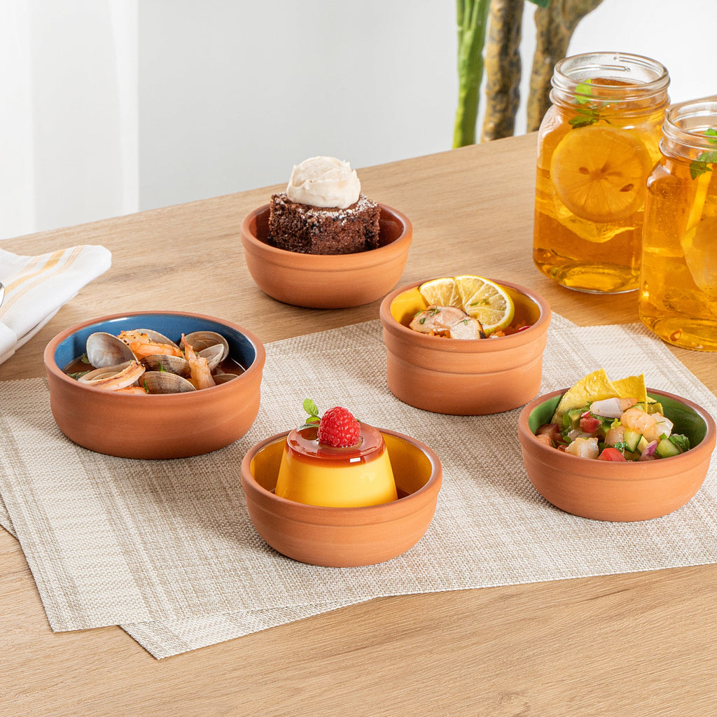 Terra Tek 5 oz Terracotta Cazuela Bowl - Yellow Glazed Interior, Oven-Safe, Microwave-Safe - 4'' x 4'' x 1 1/2'' - 10 count box