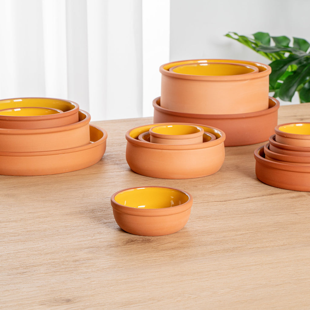 Terra Tek 5 oz Terracotta Cazuela Bowl - Yellow Glazed Interior, Oven-Safe, Microwave-Safe - 4'' x 4'' x 1 1/2'' - 10 count box
