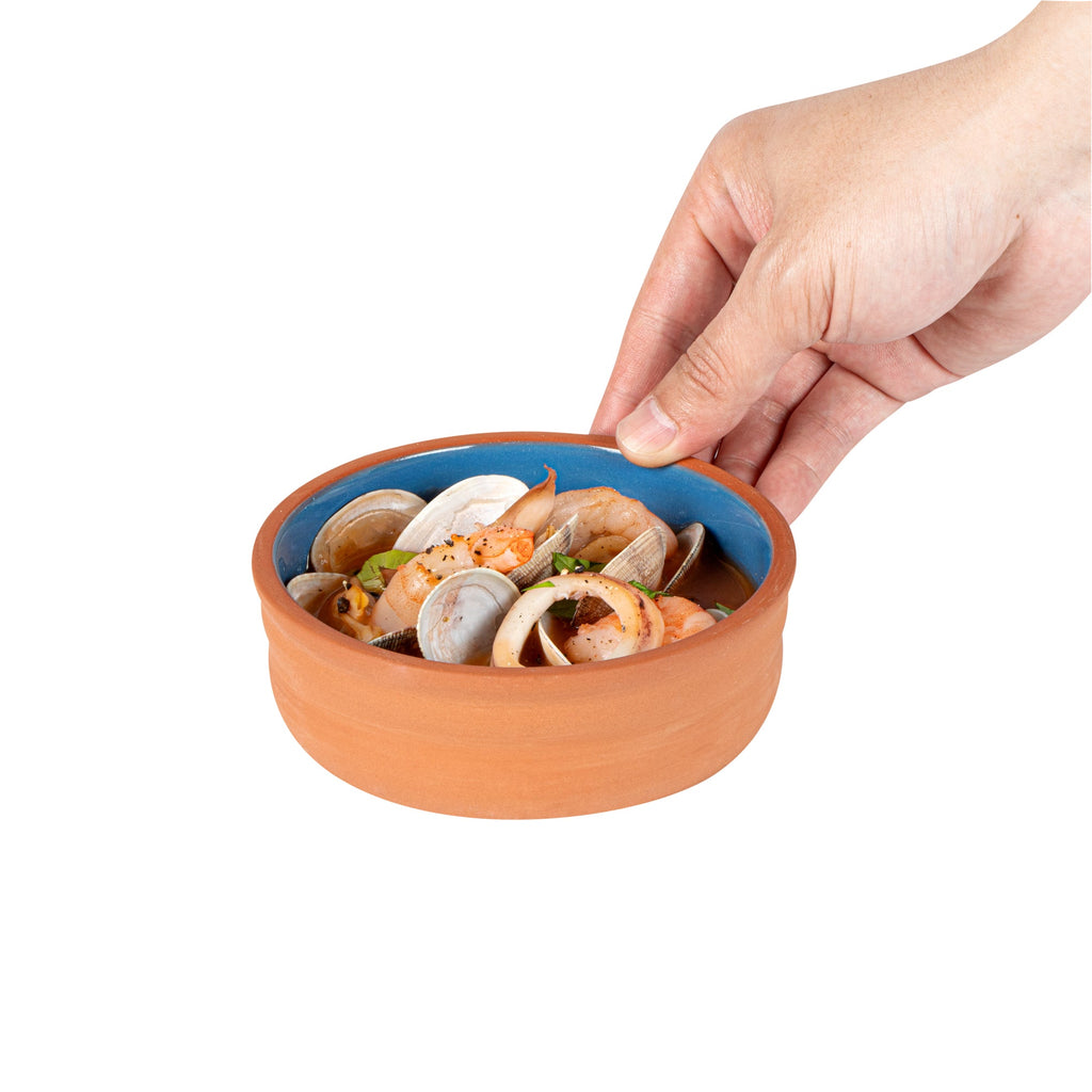 Terra Tek 7 oz Terracotta Cazuela Bowl - Blue Glazed Interior, Oven-Safe, Microwave-Safe - 4 3/4'' x 4 3/4'' x 1 1/2'' - 2 count box