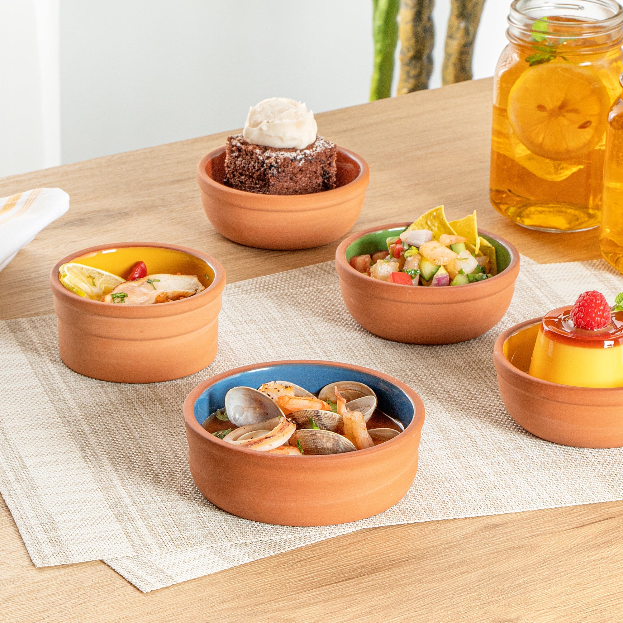 Terra Tek 7 oz Terracotta Cazuela Bowl - Blue Glazed Interior, Oven-Safe, Microwave-Safe - 4 3/4'' x 4 3/4'' x 1 1/2'' - 2 count box