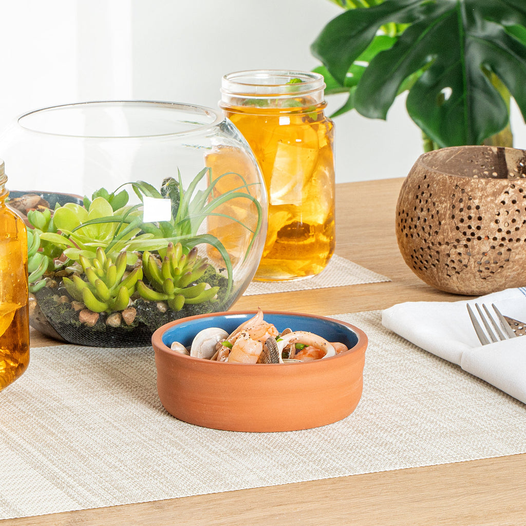 Terra Tek 7 oz Terracotta Cazuela Bowl - Blue Glazed Interior, Oven-Safe, Microwave-Safe - 4 3/4'' x 4 3/4'' x 1 1/2'' - 10 count box