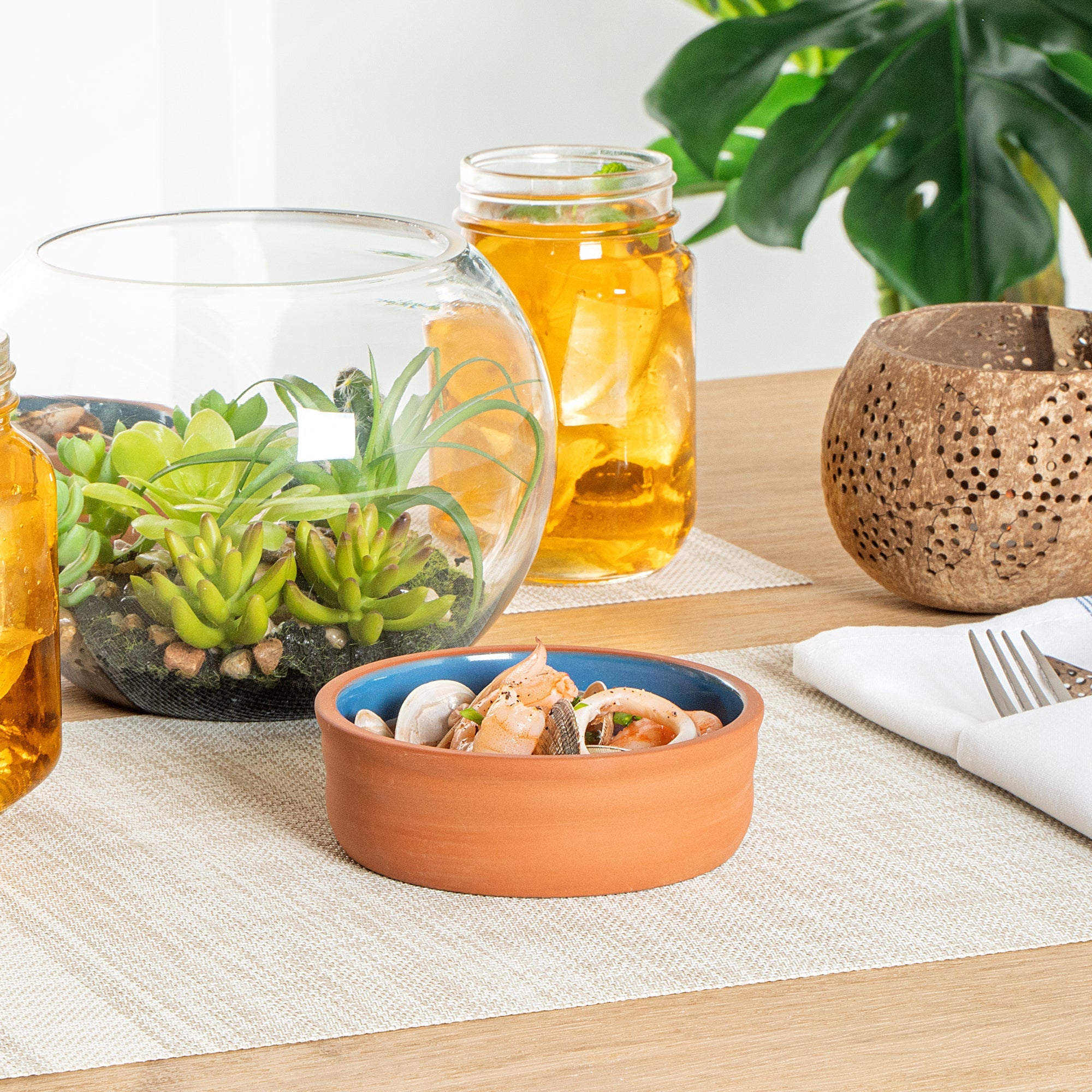 Terra Tek 7 oz Terracotta Cazuela Bowl - Blue Glazed Interior, Oven-Safe, Microwave-Safe - 4 3/4'' x 4 3/4'' x 1 1/2'' - 10 count box