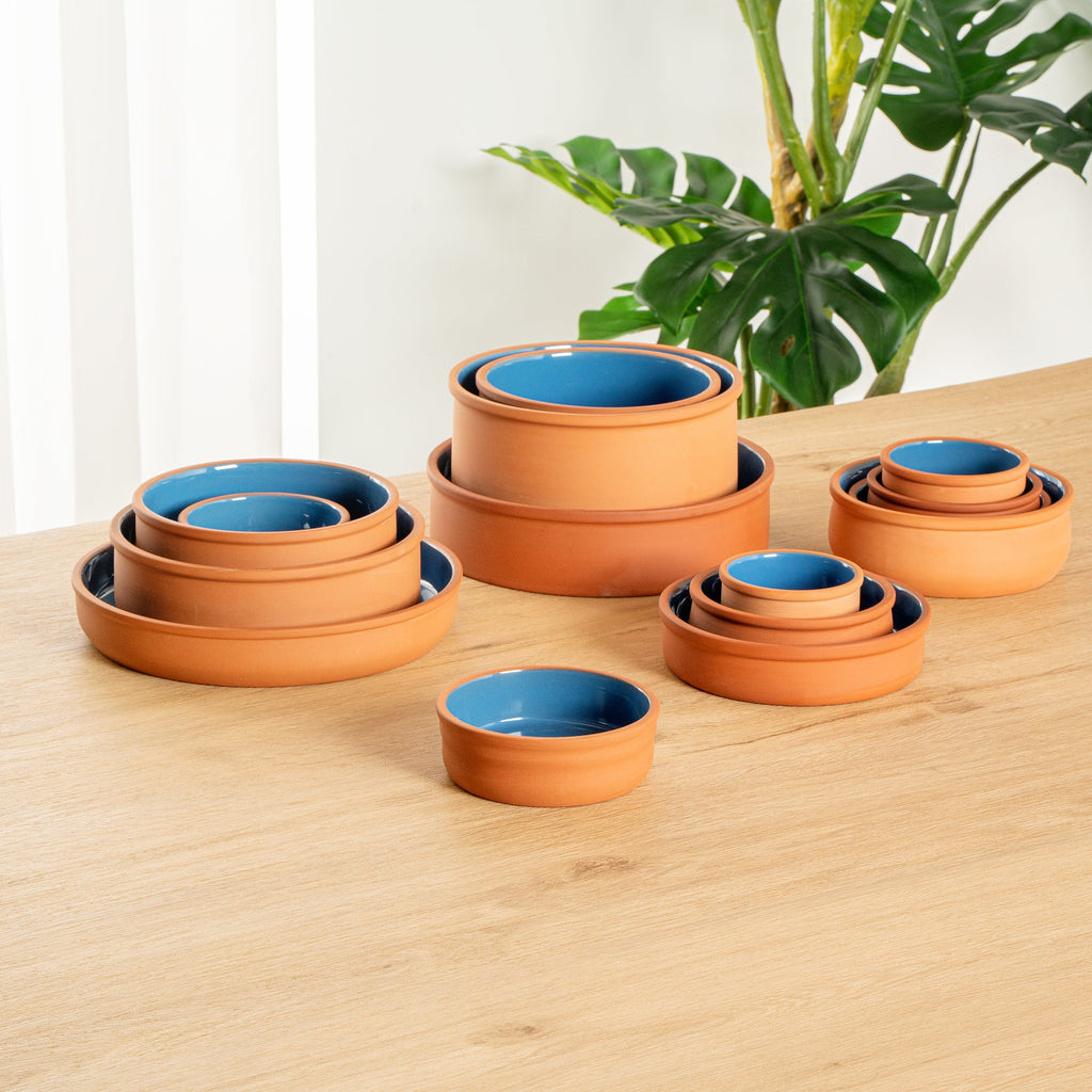 Terra Tek 7 oz Terracotta Cazuela Bowl - Blue Glazed Interior, Oven-Safe, Microwave-Safe - 4 3/4'' x 4 3/4'' x 1 1/2'' - 10 count box