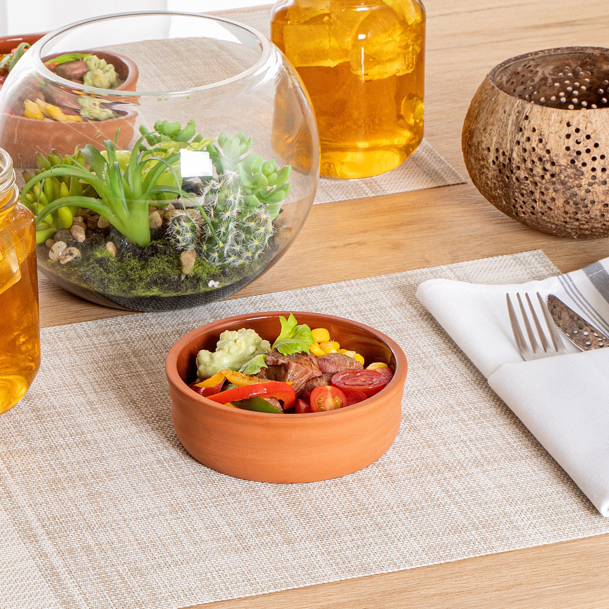 Terra Tek 7 oz Terracotta Cazuela Bowl - Brown Glazed Interior, Oven-Safe, Microwave-Safe - 4 3/4'' x 4 3/4'' x 1 1/2'' - 10 count box