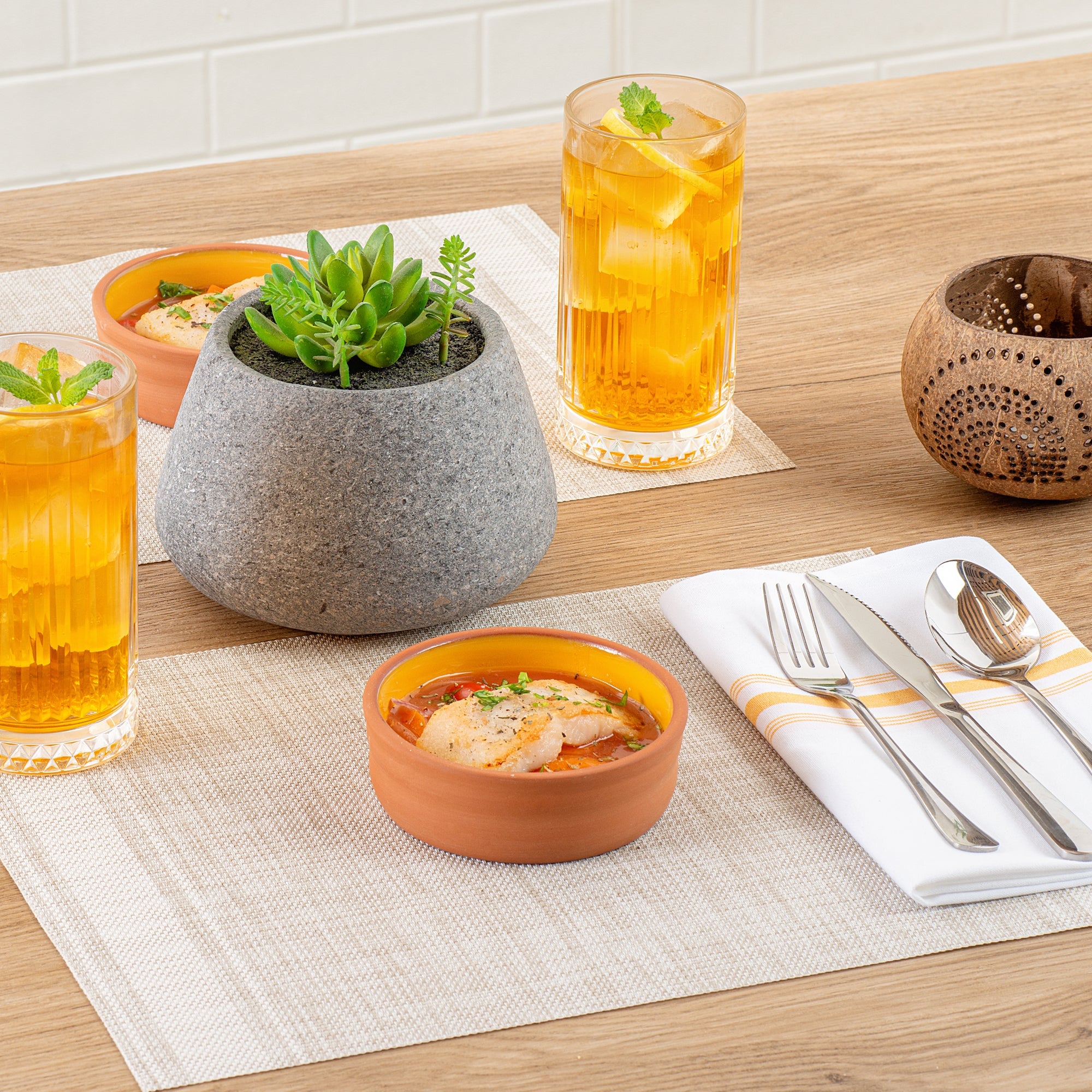 Terra Tek 7 oz Terracotta Cazuela Bowl - Yellow Glazed Interior, Oven-Safe, Microwave-Safe - 4 3/4'' x 4 3/4'' x 1 1/2'' - 2 count box