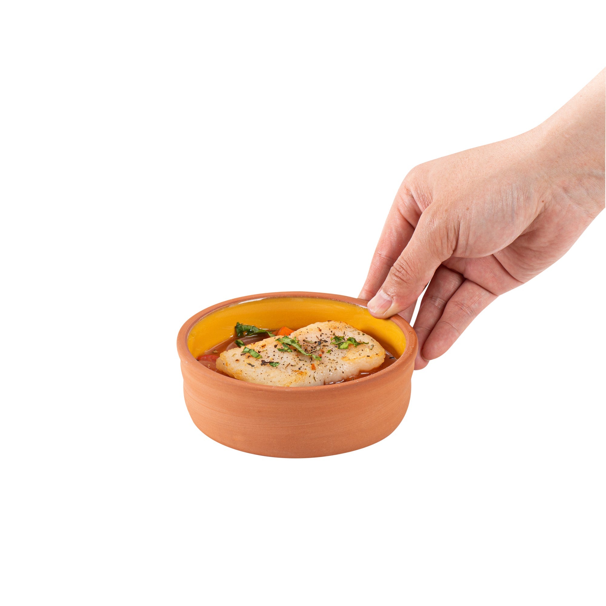 Terra Tek 7 oz Terracotta Cazuela Bowl - Yellow Glazed Interior, Oven-Safe, Microwave-Safe - 4 3/4'' x 4 3/4'' x 1 1/2'' - 2 count box