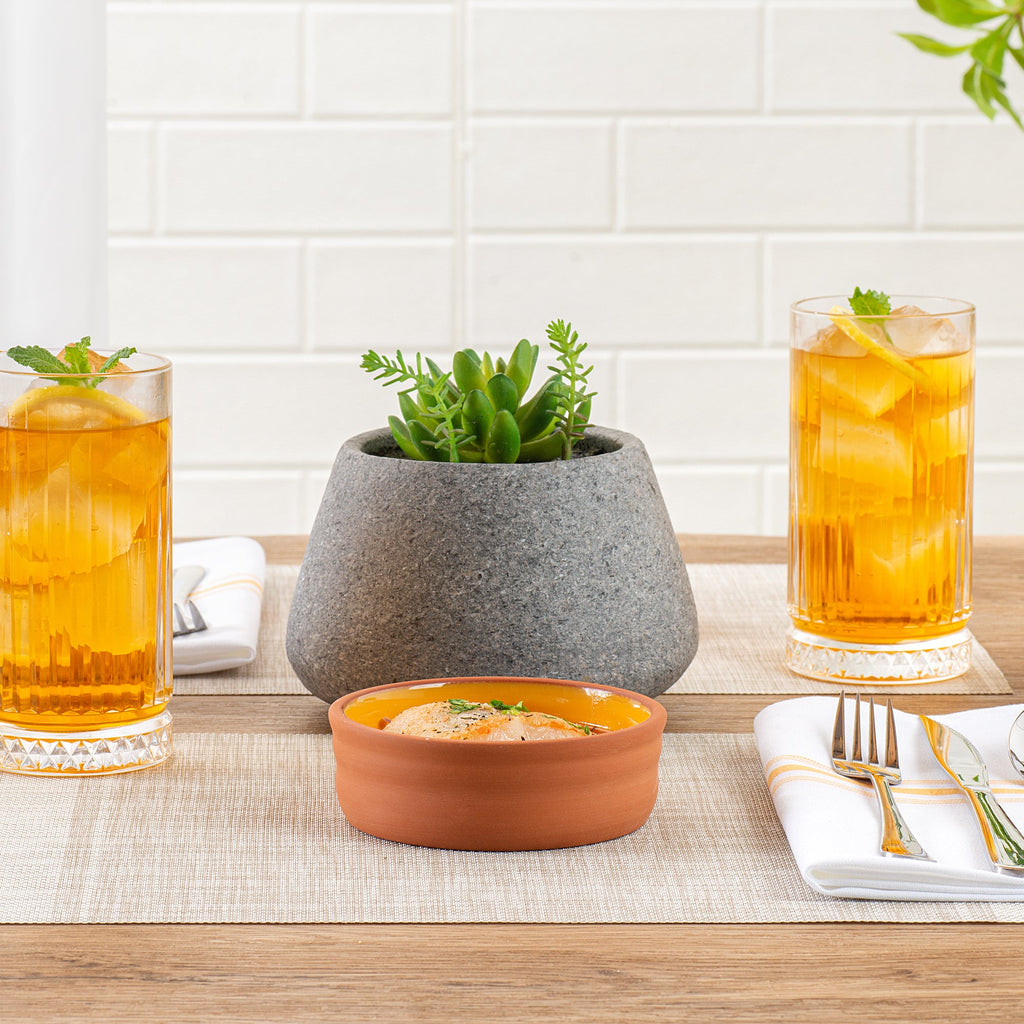 Terra Tek 7 oz Terracotta Cazuela Bowl - Yellow Glazed Interior, Oven-Safe, Microwave-Safe - 4 3/4'' x 4 3/4'' x 1 1/2'' - 2 count box