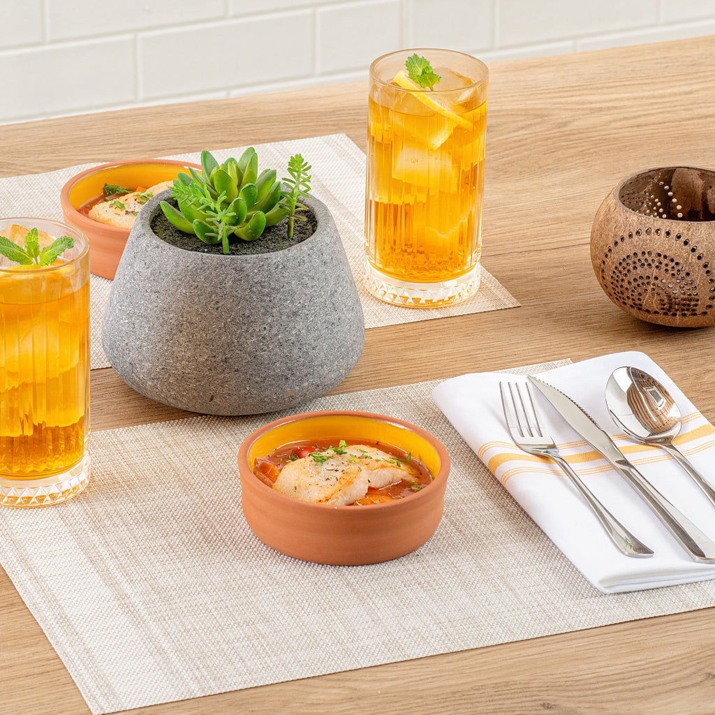 Terra Tek 7 oz Terracotta Cazuela Bowl - Yellow Glazed Interior, Oven-Safe, Microwave-Safe - 4 3/4'' x 4 3/4'' x 1 1/2'' - 10 count box
