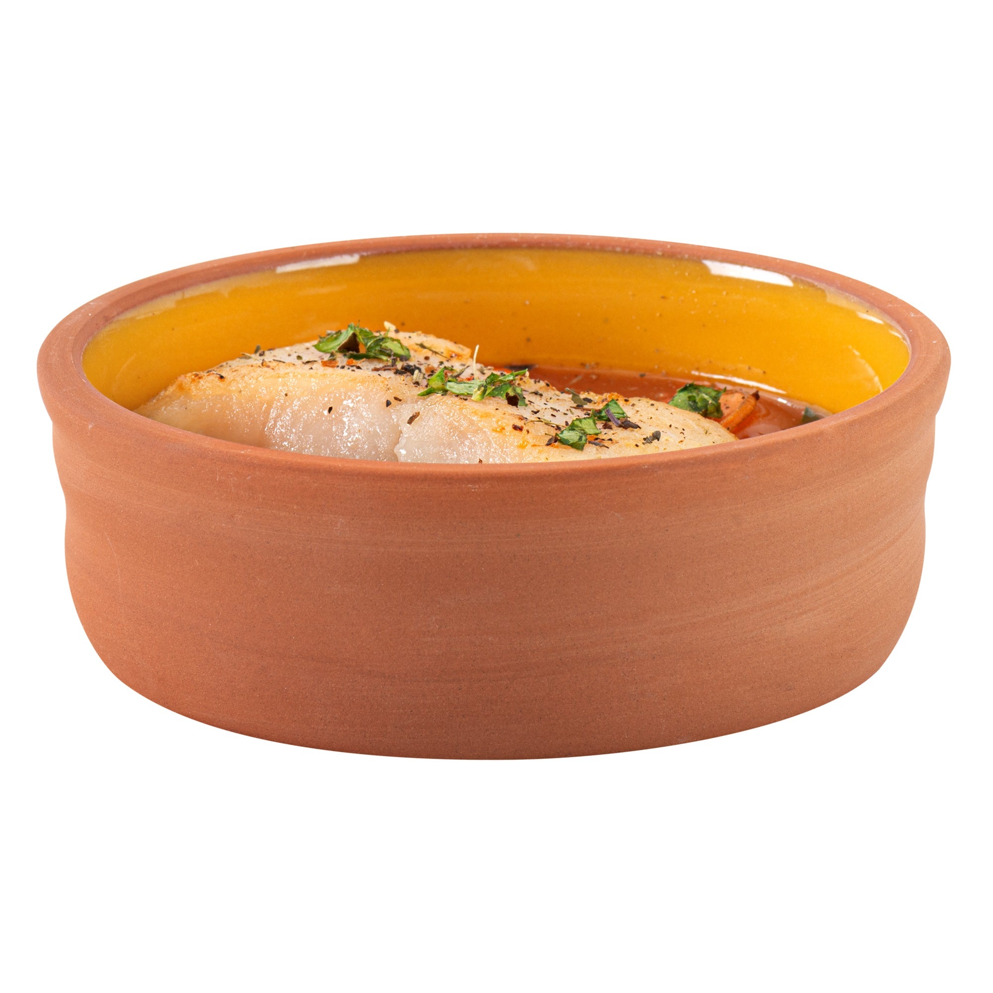 Terra Tek 7 oz Terracotta Cazuela Bowl - Yellow Glazed Interior, Oven-Safe, Microwave-Safe - 4 3/4'' x 4 3/4'' x 1 1/2'' - 10 count box
