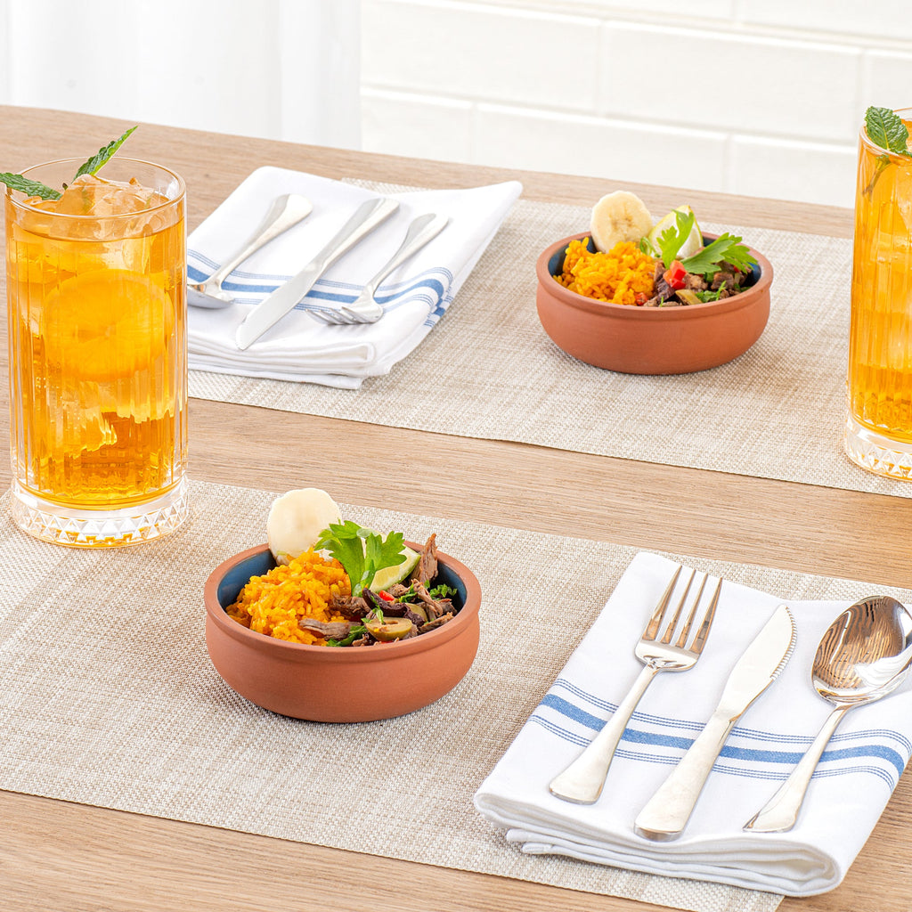 Terra Tek 7 oz Terracotta Cazuela Bowl - Blue Glazed Interior, Oven-Safe, Microwave-Safe - 4 1/2'' x 4 1/2'' x 1 1/2'' - 10 count box