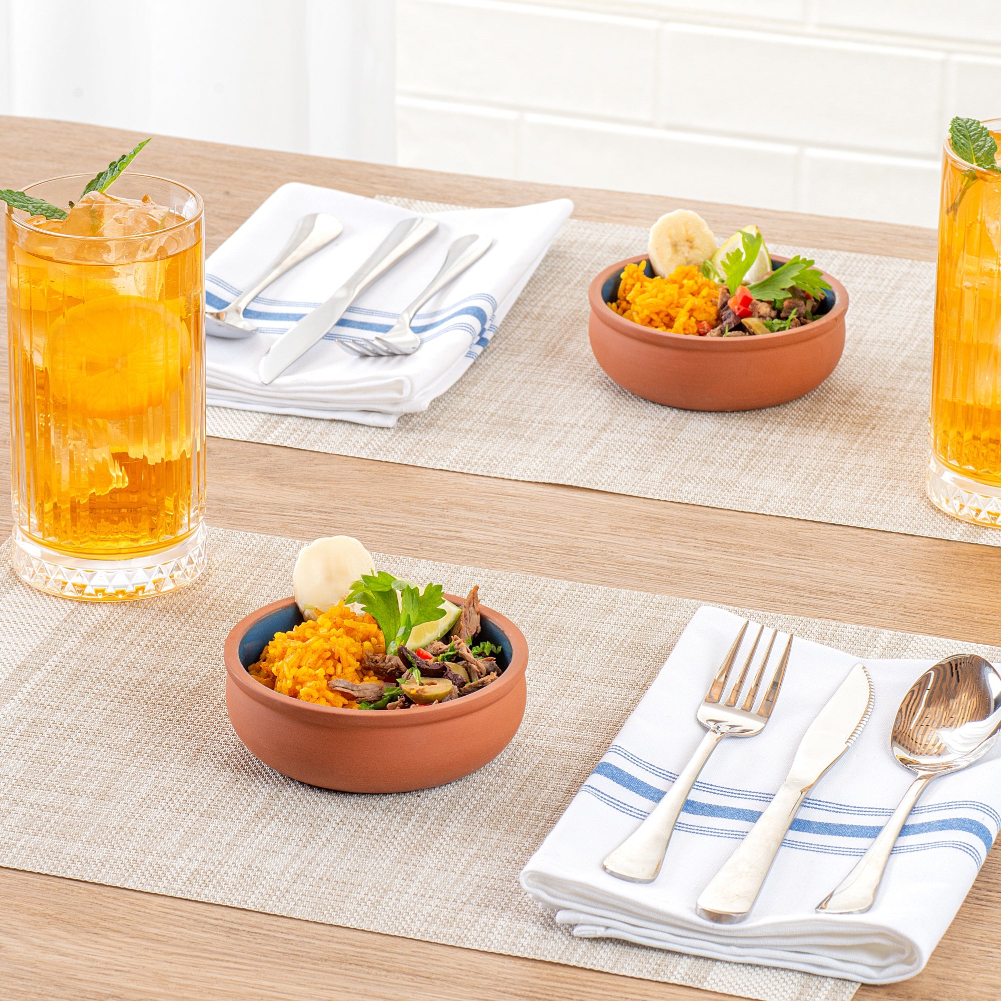 Terra Tek 7 oz Terracotta Cazuela Bowl - Blue Glazed Interior, Oven-Safe, Microwave-Safe - 4 1/2'' x 4 1/2'' x 1 1/2'' - 10 count box