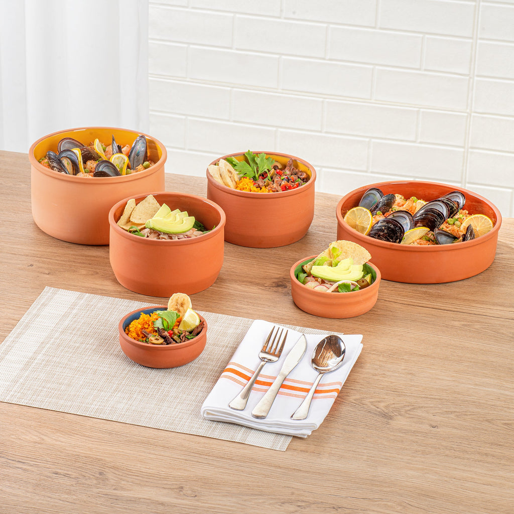 Terra Tek 7 oz Terracotta Cazuela Bowl - Blue Glazed Interior, Oven-Safe, Microwave-Safe - 4 1/2'' x 4 1/2'' x 1 1/2'' - 10 count box