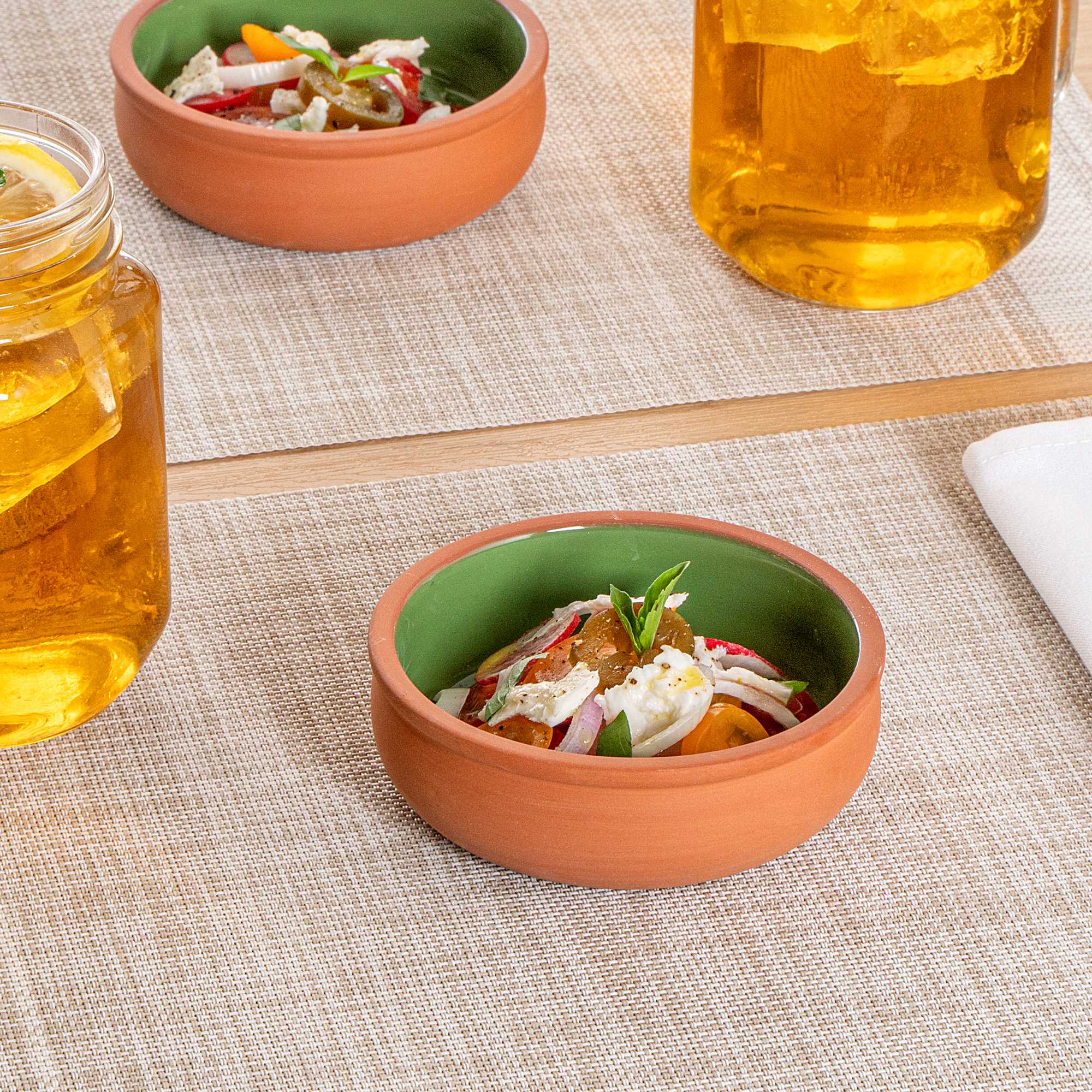 Terra Tek 7 oz Terracotta Cazuela Bowl - Green Glazed Interior, Oven-Safe, Microwave-Safe - 4 1/2'' x 4 1/2'' x 1 1/2'' - 2 count box