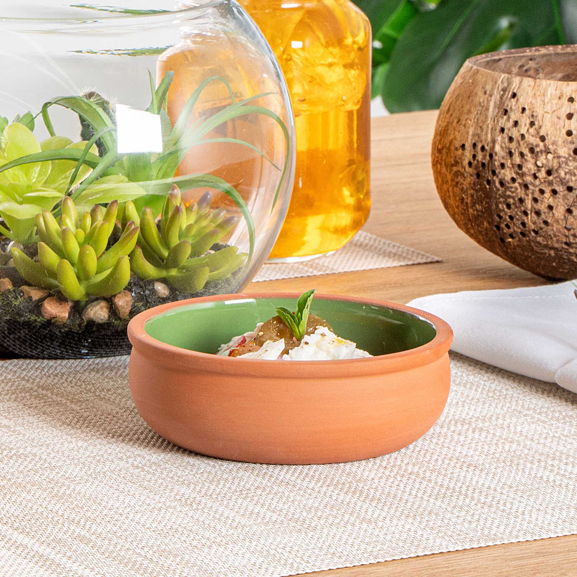 Terra Tek 7 oz Terracotta Cazuela Bowl - Green Glazed Interior, Oven-Safe, Microwave-Safe - 4 1/2'' x 4 1/2'' x 1 1/2'' - 2 count box