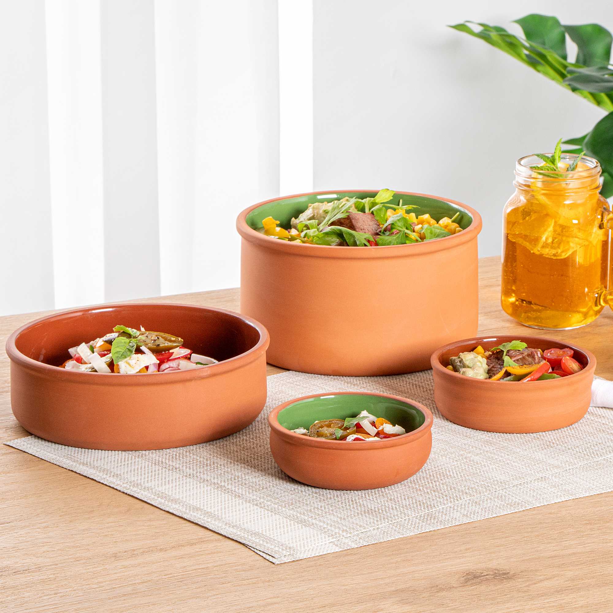 Terra Tek 7 oz Terracotta Cazuela Bowl - Green Glazed Interior, Oven-Safe, Microwave-Safe - 4 1/2'' x 4 1/2'' x 1 1/2'' - 2 count box