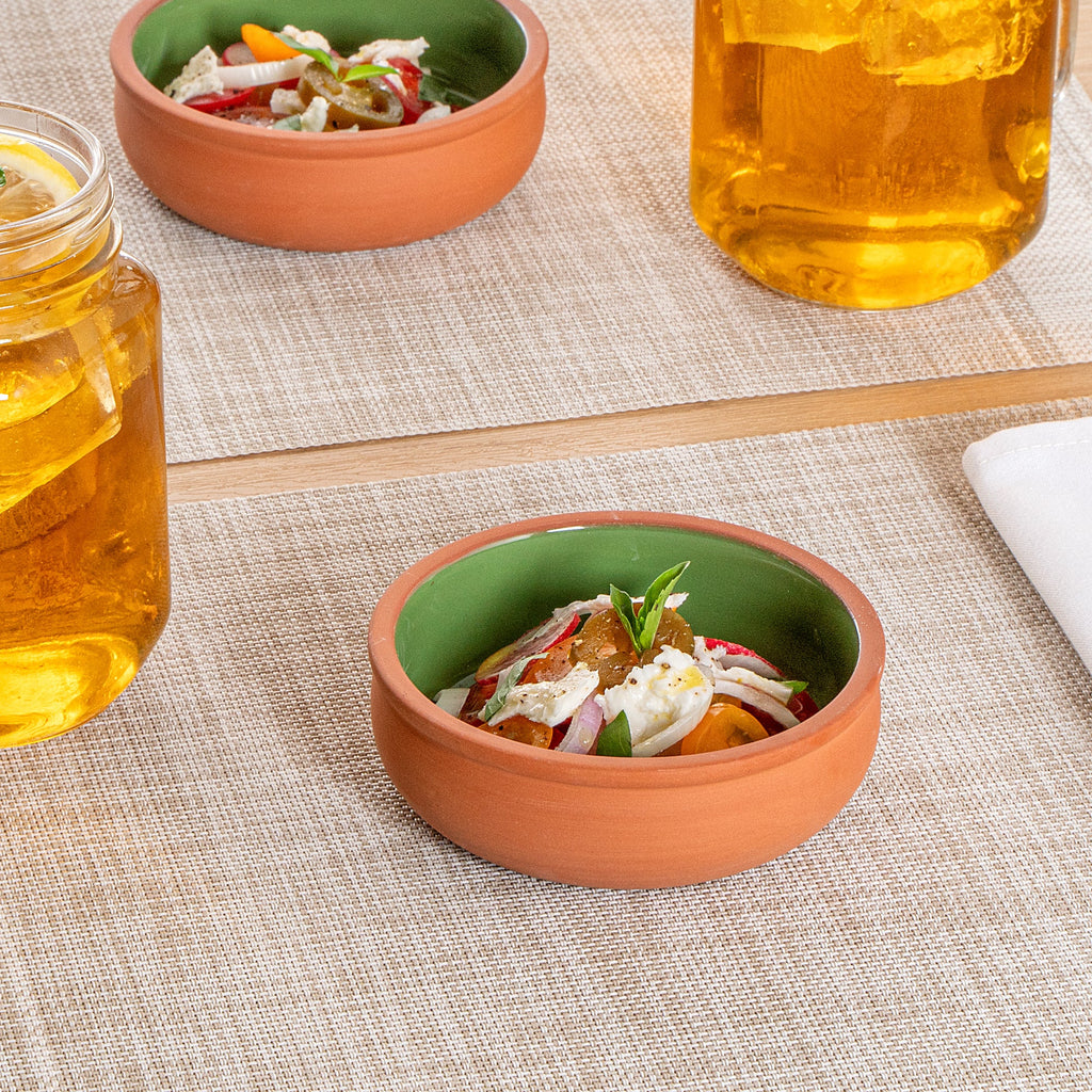 Terra Tek 7 oz Terracotta Cazuela Bowl - Green Glazed Interior, Oven-Safe, Microwave-Safe - 4 1/2'' x 4 1/2'' x 1 1/2'' - 10 count box
