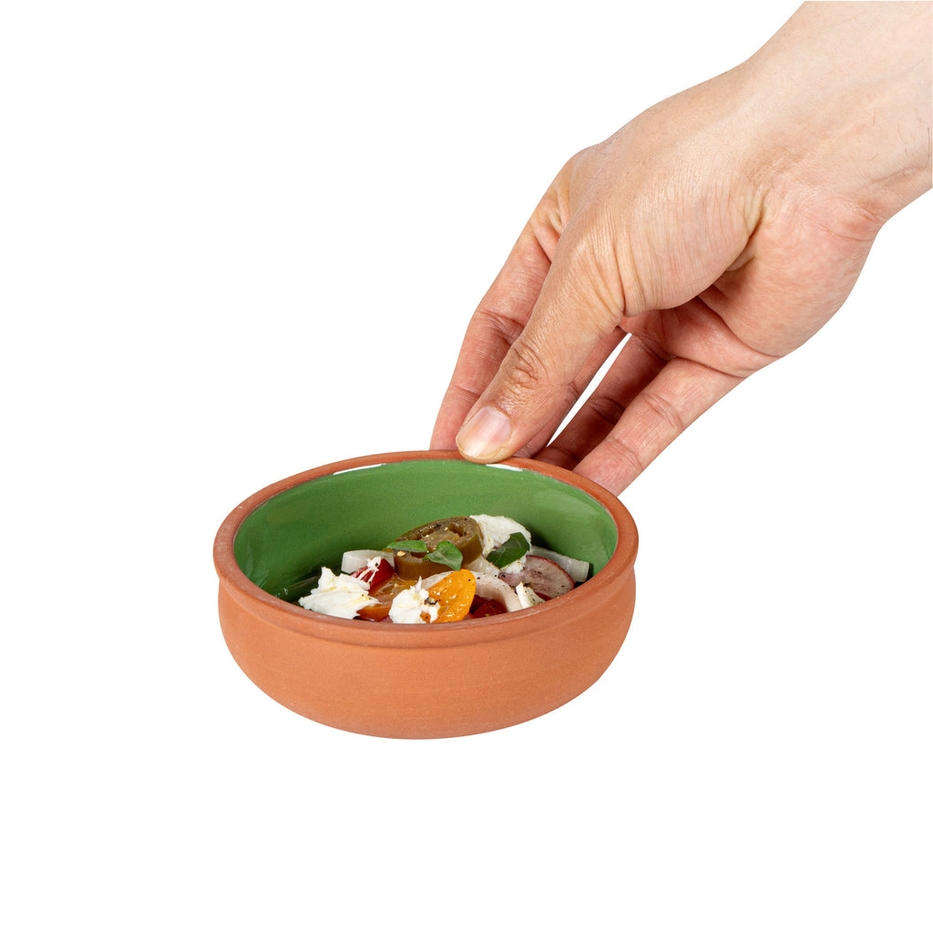 Terra Tek 7 oz Terracotta Cazuela Bowl - Green Glazed Interior, Oven-Safe, Microwave-Safe - 4 1/2'' x 4 1/2'' x 1 1/2'' - 10 count box