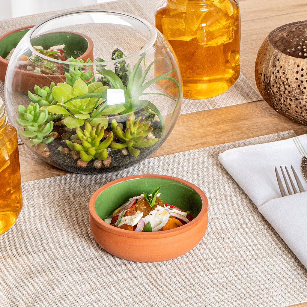 Terra Tek 7 oz Terracotta Cazuela Bowl - Green Glazed Interior, Oven-Safe, Microwave-Safe - 4 1/2'' x 4 1/2'' x 1 1/2'' - 10 count box