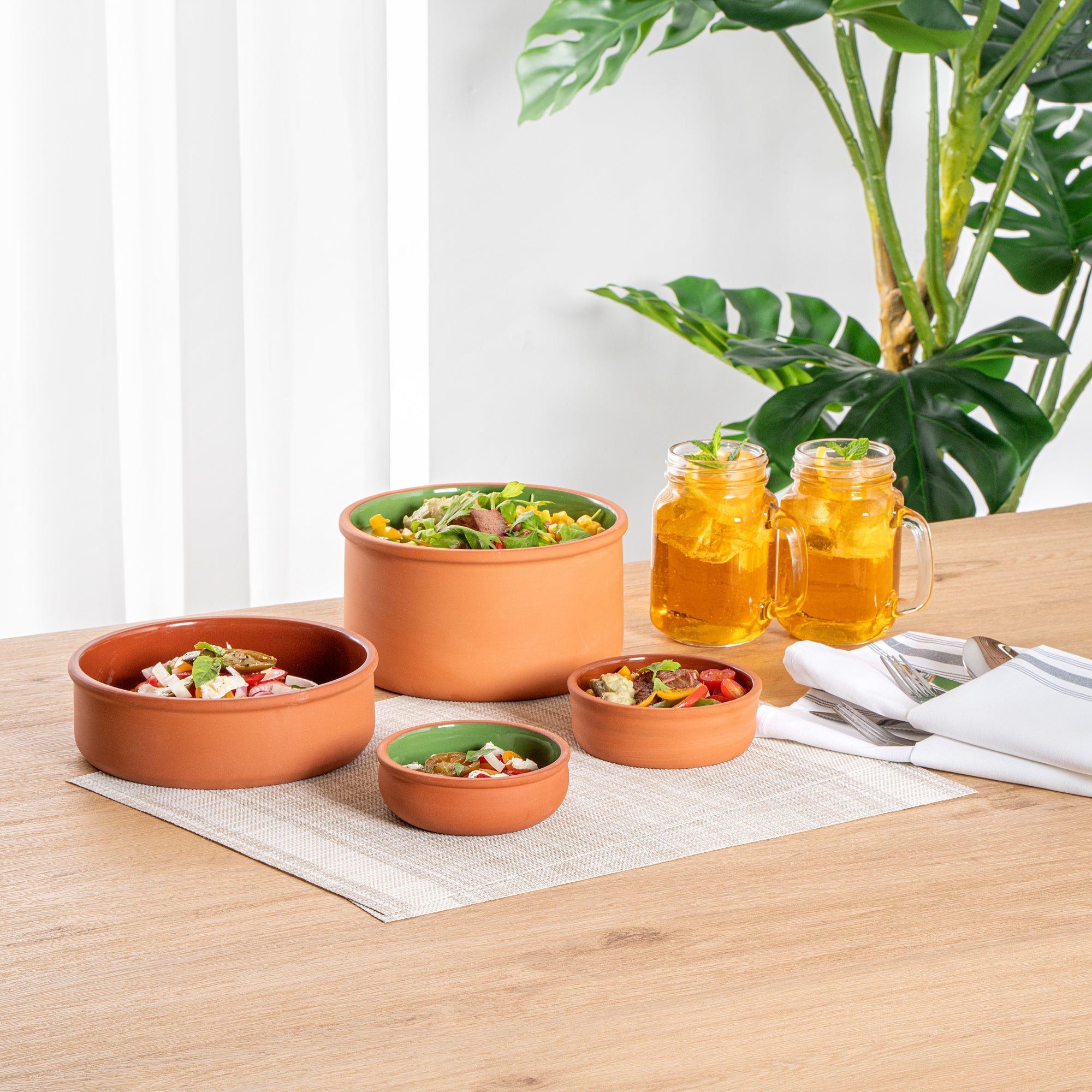 Terra Tek 7 oz Terracotta Cazuela Bowl - Green Glazed Interior, Oven-Safe, Microwave-Safe - 4 1/2'' x 4 1/2'' x 1 1/2'' - 10 count box
