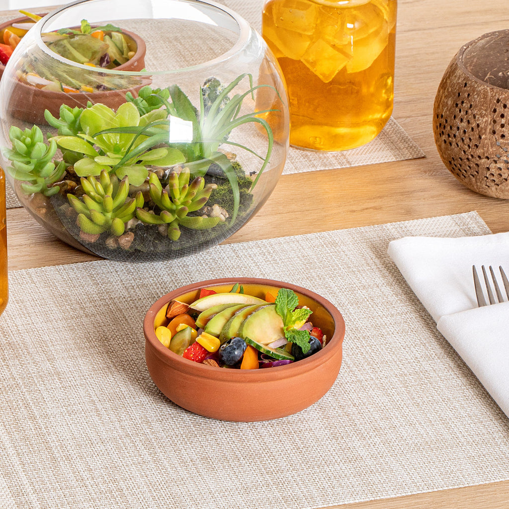 Terra Tek 7 oz Terracotta Cazuela Bowl - Yellow Glazed Interior, Oven-Safe, Microwave-Safe - 4 1/2'' x 4 1/2'' x 1 1/2'' - 2 count box
