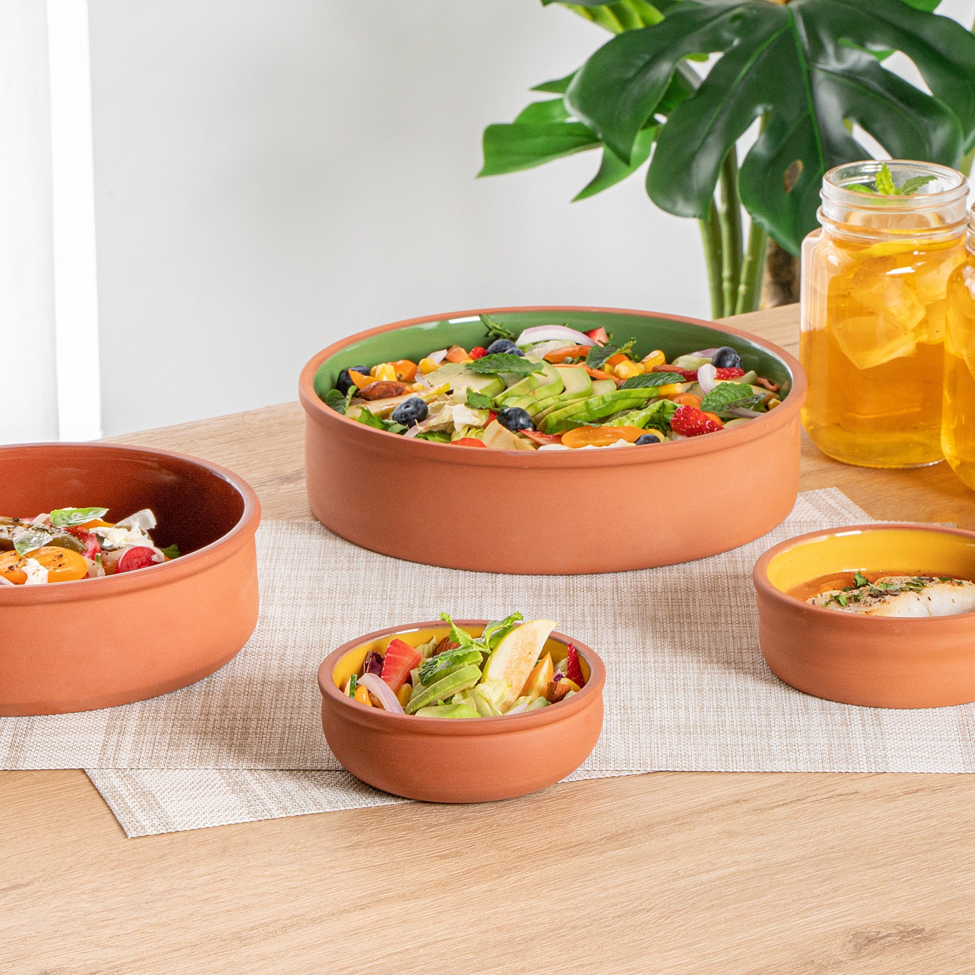Terra Tek 7 oz Terracotta Cazuela Bowl - Yellow Glazed Interior, Oven-Safe, Microwave-Safe - 4 1/2'' x 4 1/2'' x 1 1/2'' - 2 count box
