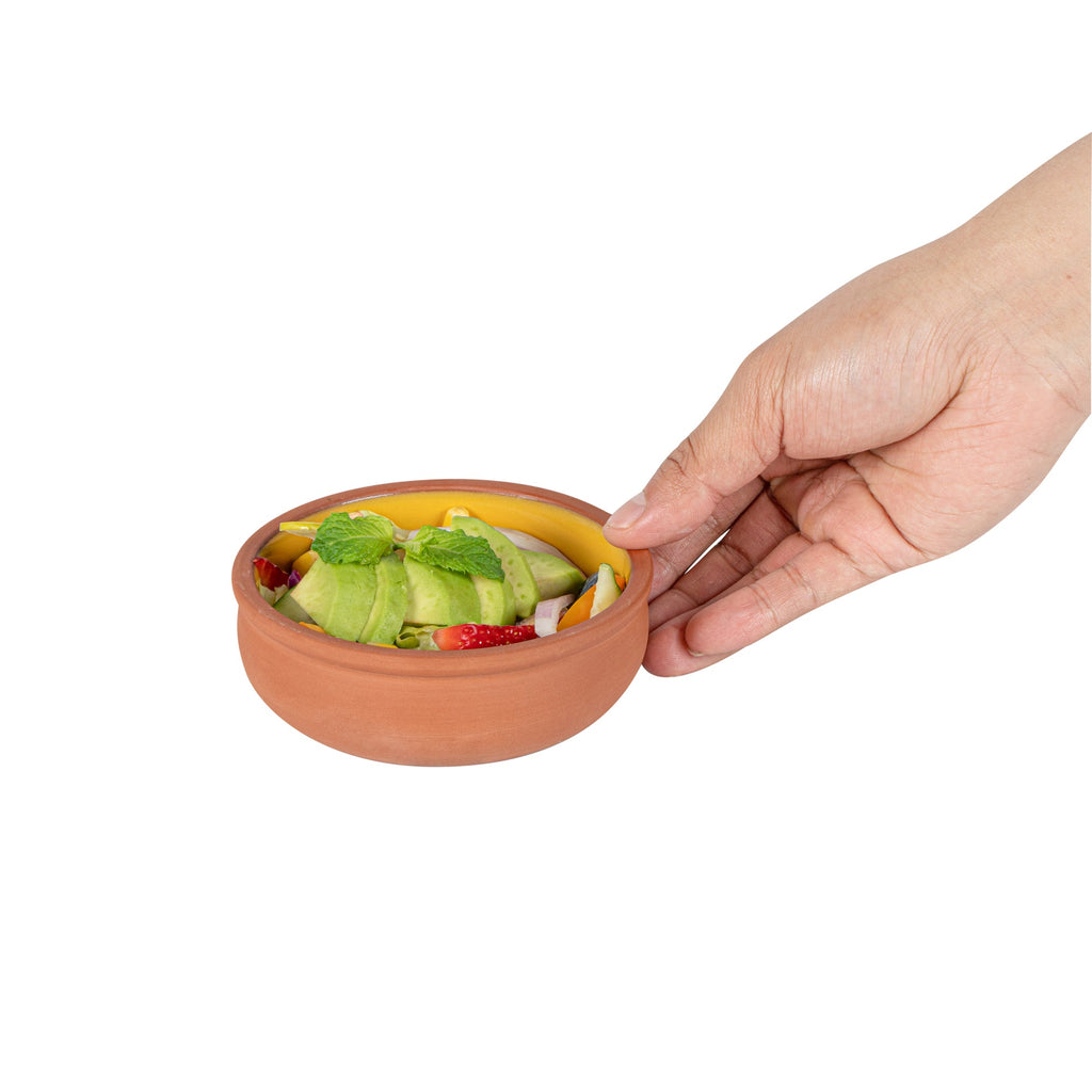 Terra Tek 7 oz Terracotta Cazuela Bowl - Yellow Glazed Interior, Oven-Safe, Microwave-Safe - 4 1/2'' x 4 1/2'' x 1 1/2'' - 10 count box
