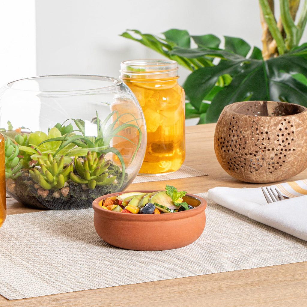 Terra Tek 7 oz Terracotta Cazuela Bowl - Yellow Glazed Interior, Oven-Safe, Microwave-Safe - 4 1/2'' x 4 1/2'' x 1 1/2'' - 10 count box