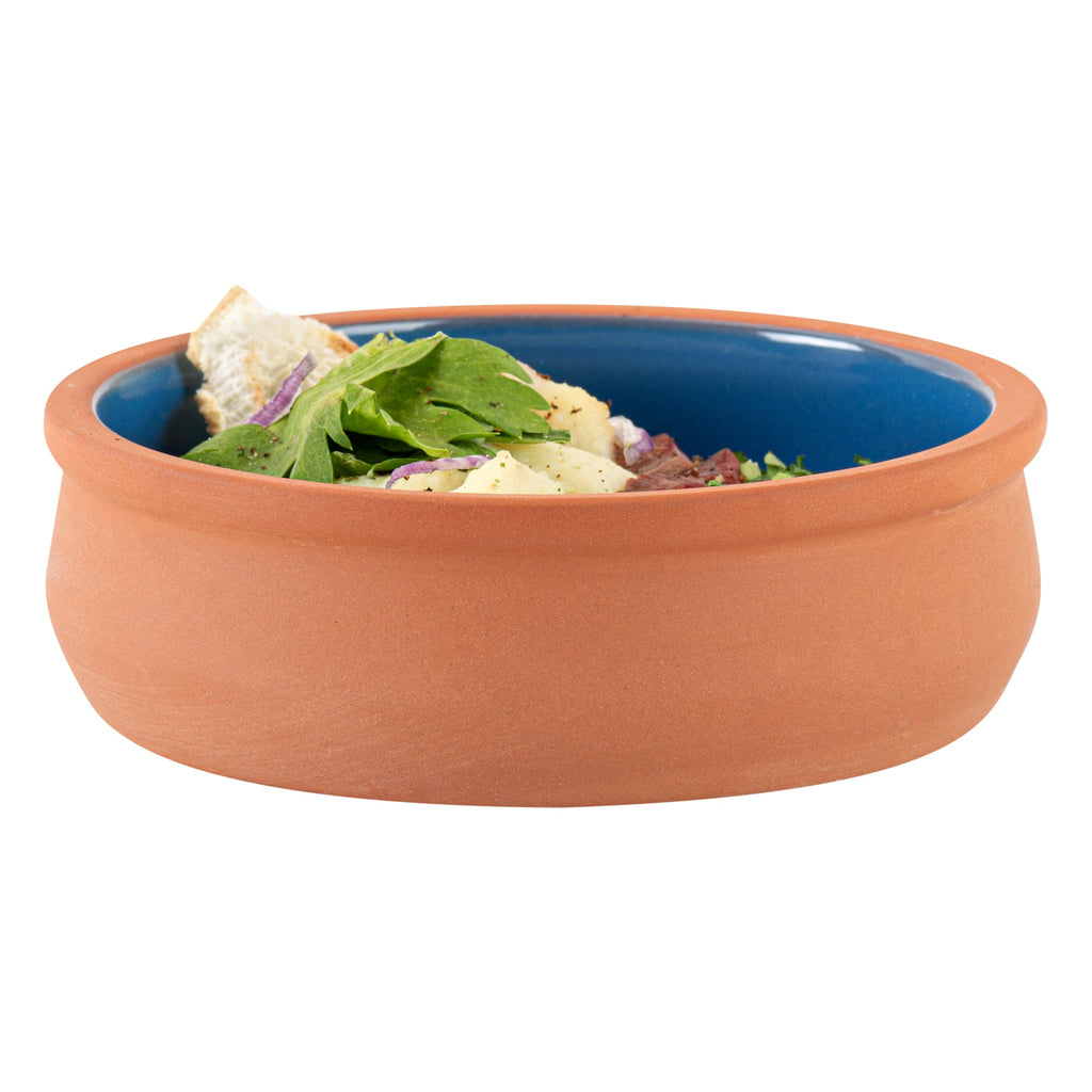 Terra Tek 9 oz Terracotta Cazuela Bowl - Blue Glazed Interior, Oven-Safe, Microwave-Safe - 4 3/4'' x 4 3/4'' x 1 1/2'' - 10 count box