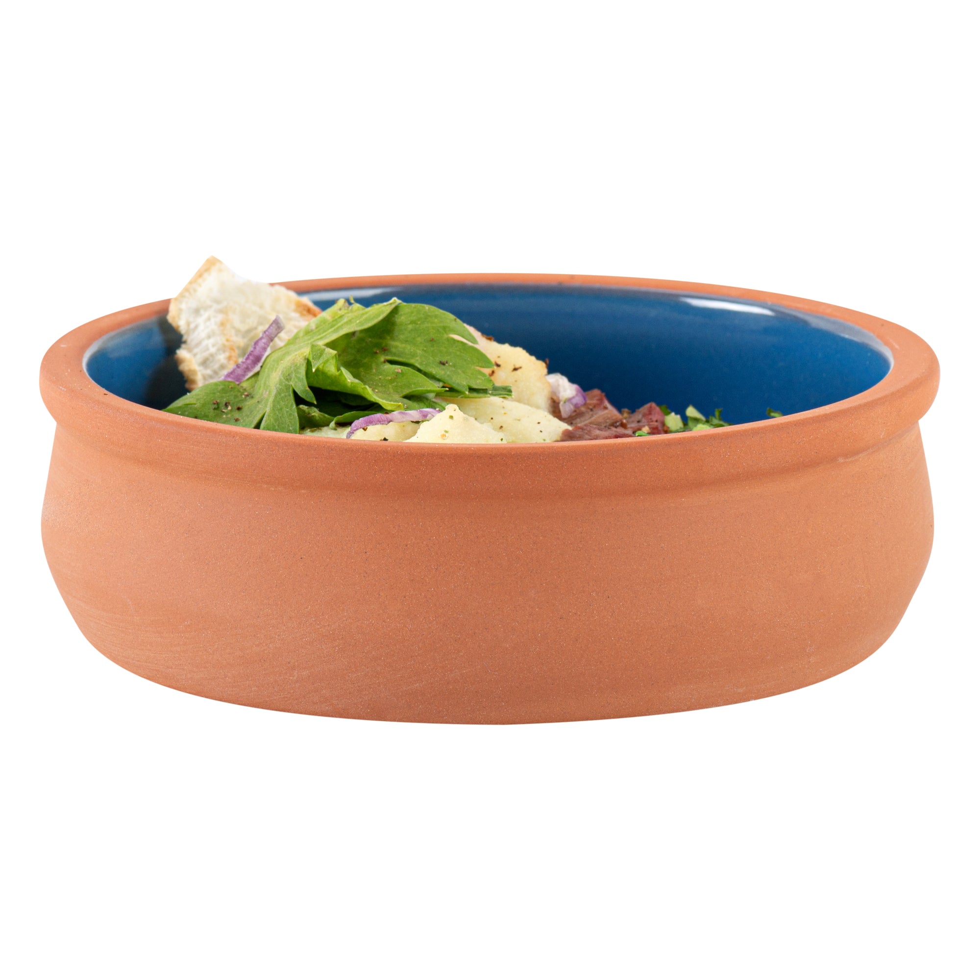 Terra Tek 9 oz Terracotta Cazuela Bowl - Blue Glazed Interior, Oven-Safe, Microwave-Safe - 4 3/4'' x 4 3/4'' x 1 1/2'' - 10 count box