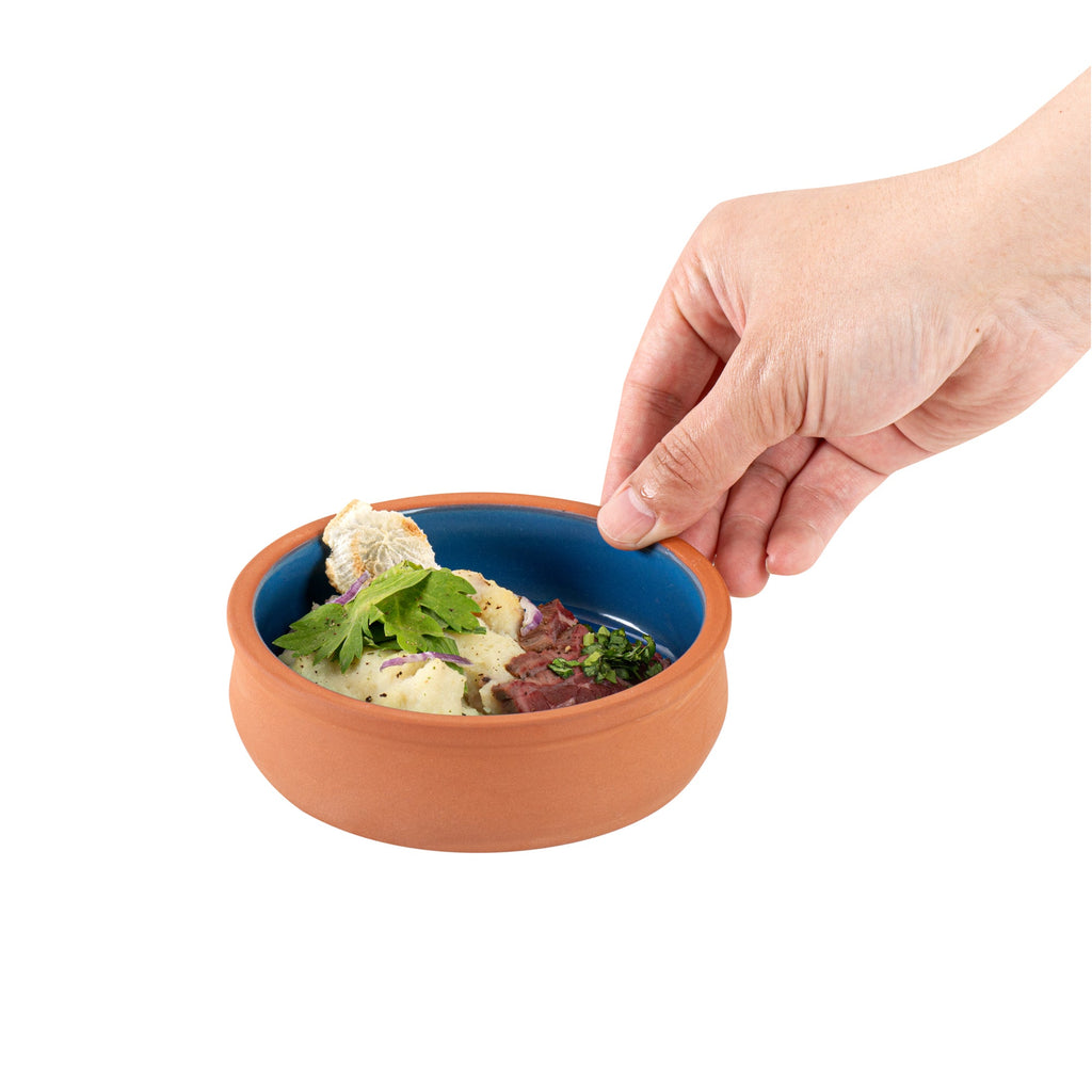 Terra Tek 9 oz Terracotta Cazuela Bowl - Blue Glazed Interior, Oven-Safe, Microwave-Safe - 4 3/4'' x 4 3/4'' x 1 1/2'' - 10 count box