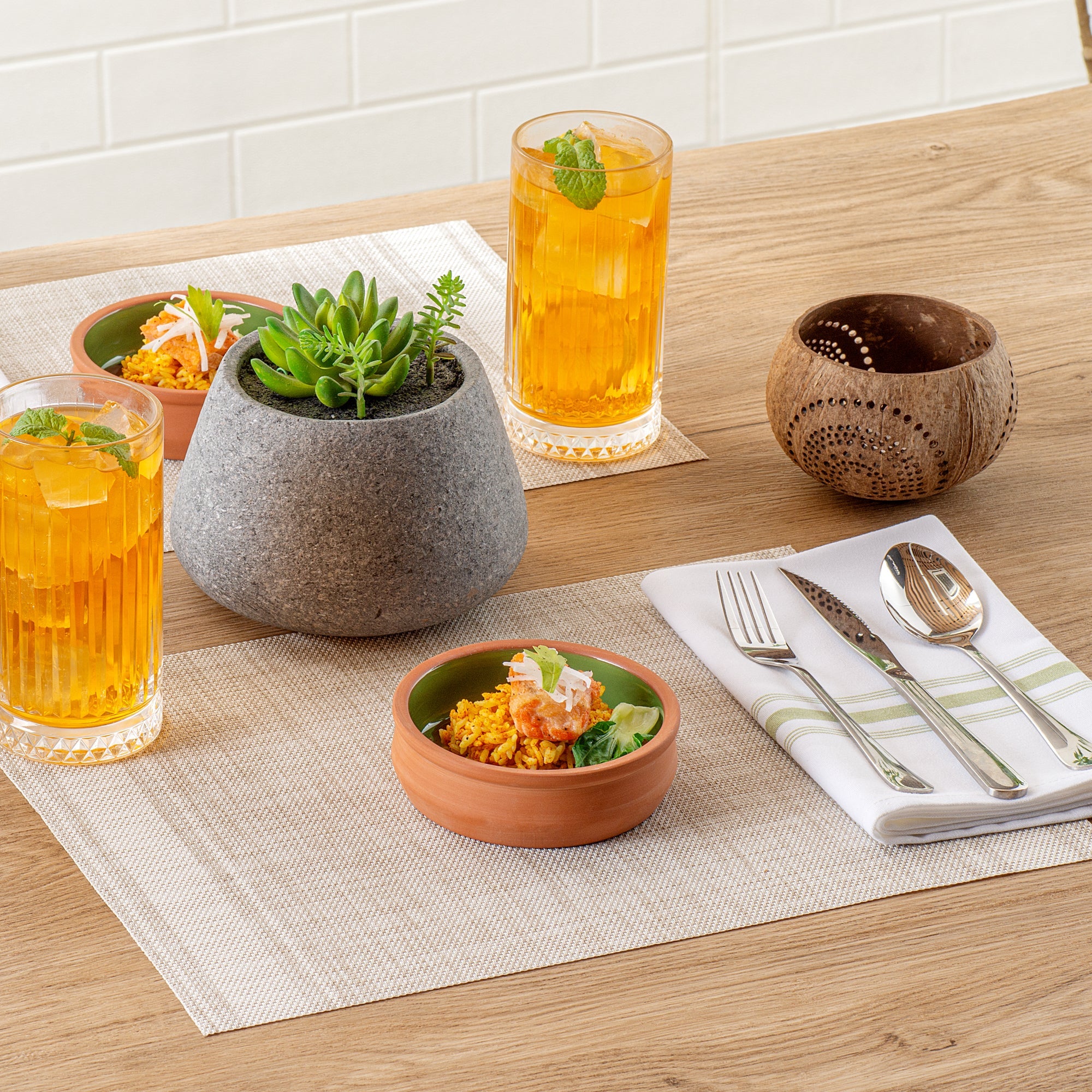 Terra Tek 9 oz Terracotta Cazuela Bowl - Green Glazed Interior, Oven-Safe, Microwave-Safe - 4 3/4'' x 4 3/4'' x 1 1/2'' - 2 count box