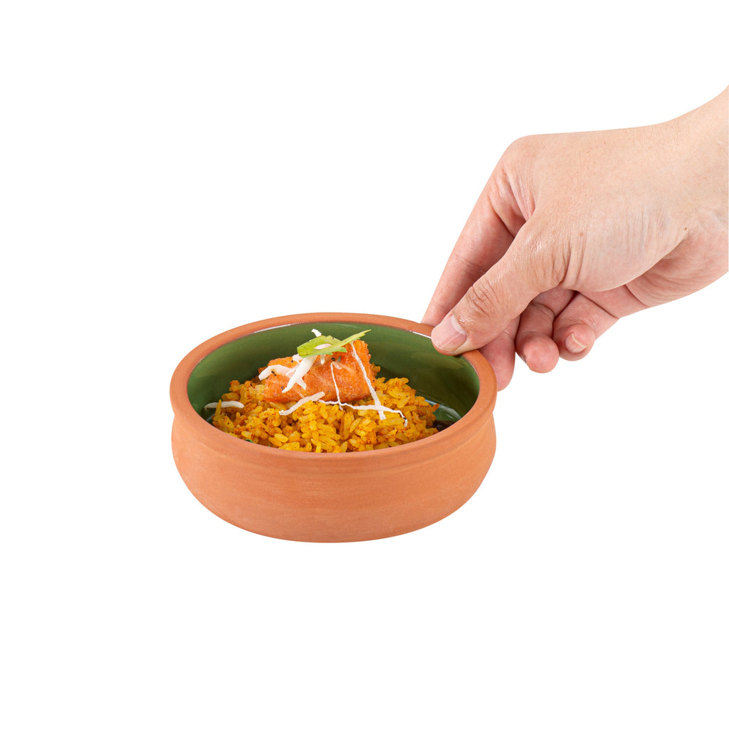 Terra Tek 9 oz Terracotta Cazuela Bowl - Green Glazed Interior, Oven-Safe, Microwave-Safe - 4 3/4'' x 4 3/4'' x 1 1/2'' - 10 count box