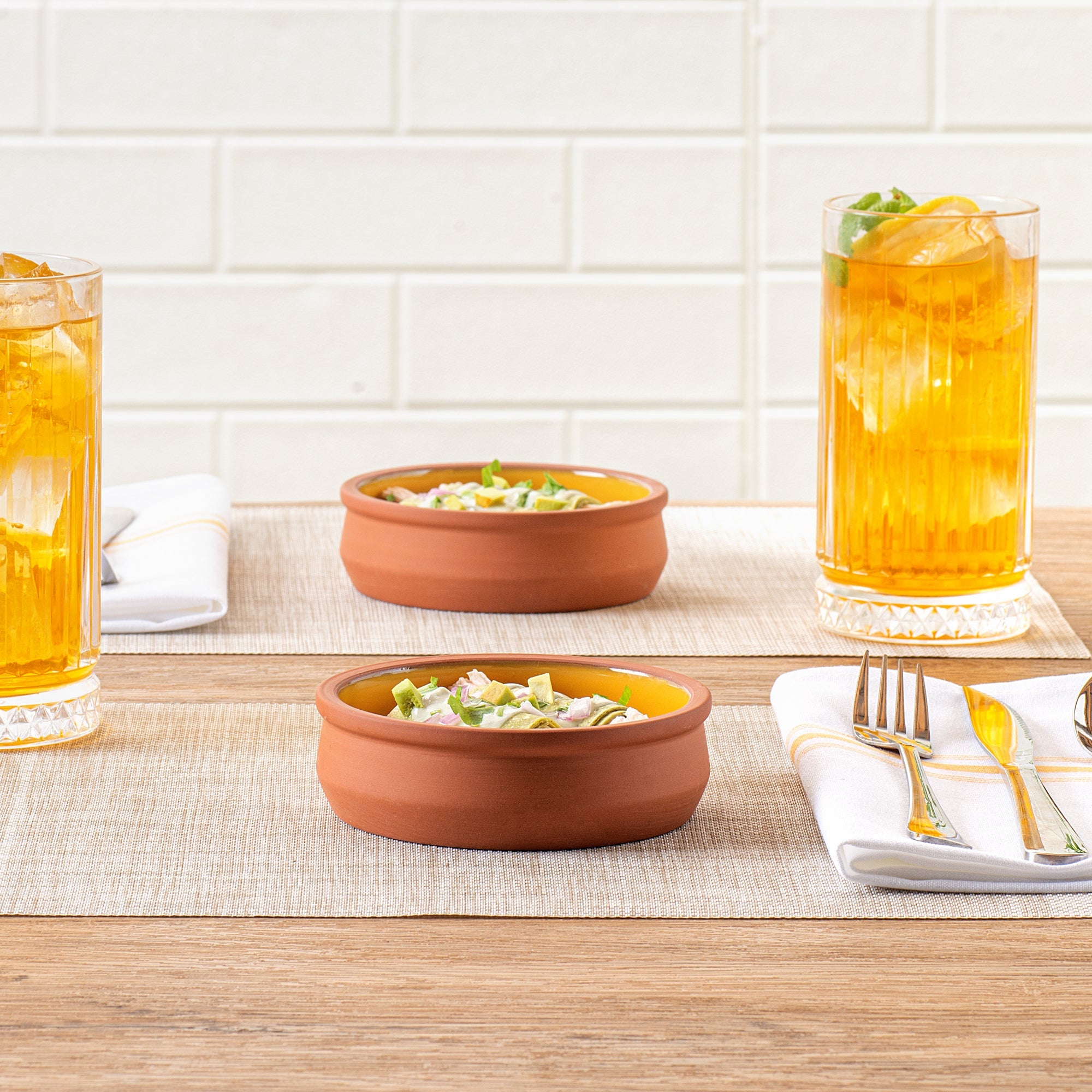 Terra Tek 9 oz Terracotta Cazuela Bowl - Yellow Glazed Interior, Oven-Safe, Microwave-Safe - 4 3/4'' x 4 3/4'' x 1 1/2'' - 2 count box