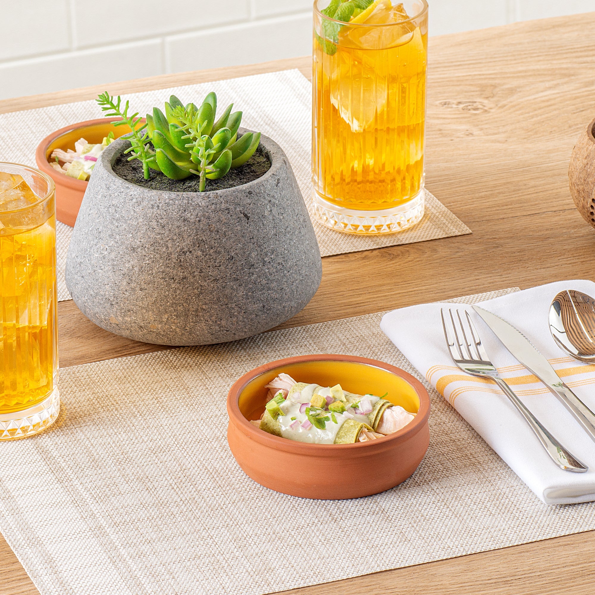 Terra Tek 9 oz Terracotta Cazuela Bowl - Yellow Glazed Interior, Oven-Safe, Microwave-Safe - 4 3/4'' x 4 3/4'' x 1 1/2'' - 2 count box