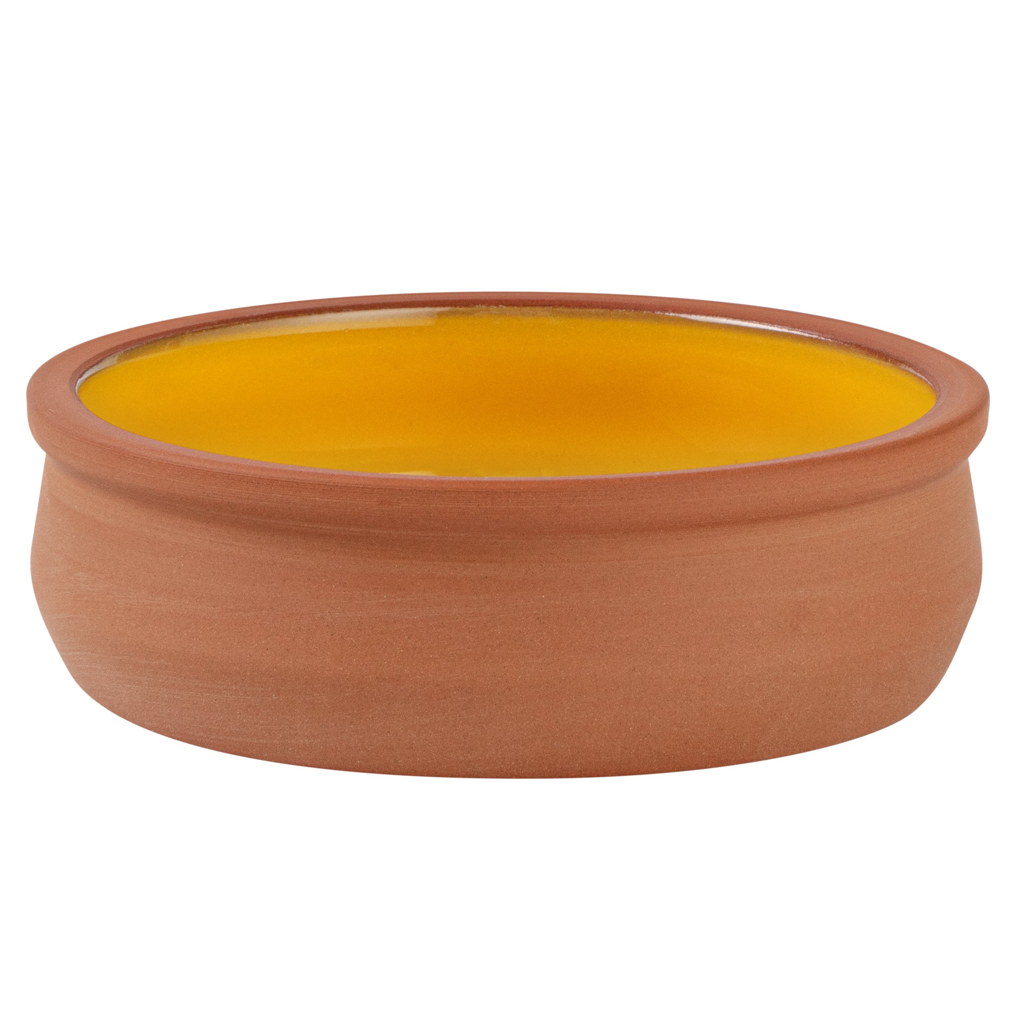 Terra Tek 9 oz Terracotta Cazuela Bowl - Yellow Glazed Interior, Oven-Safe, Microwave-Safe - 4 3/4'' x 4 3/4'' x 1 1/2'' - 10 count box