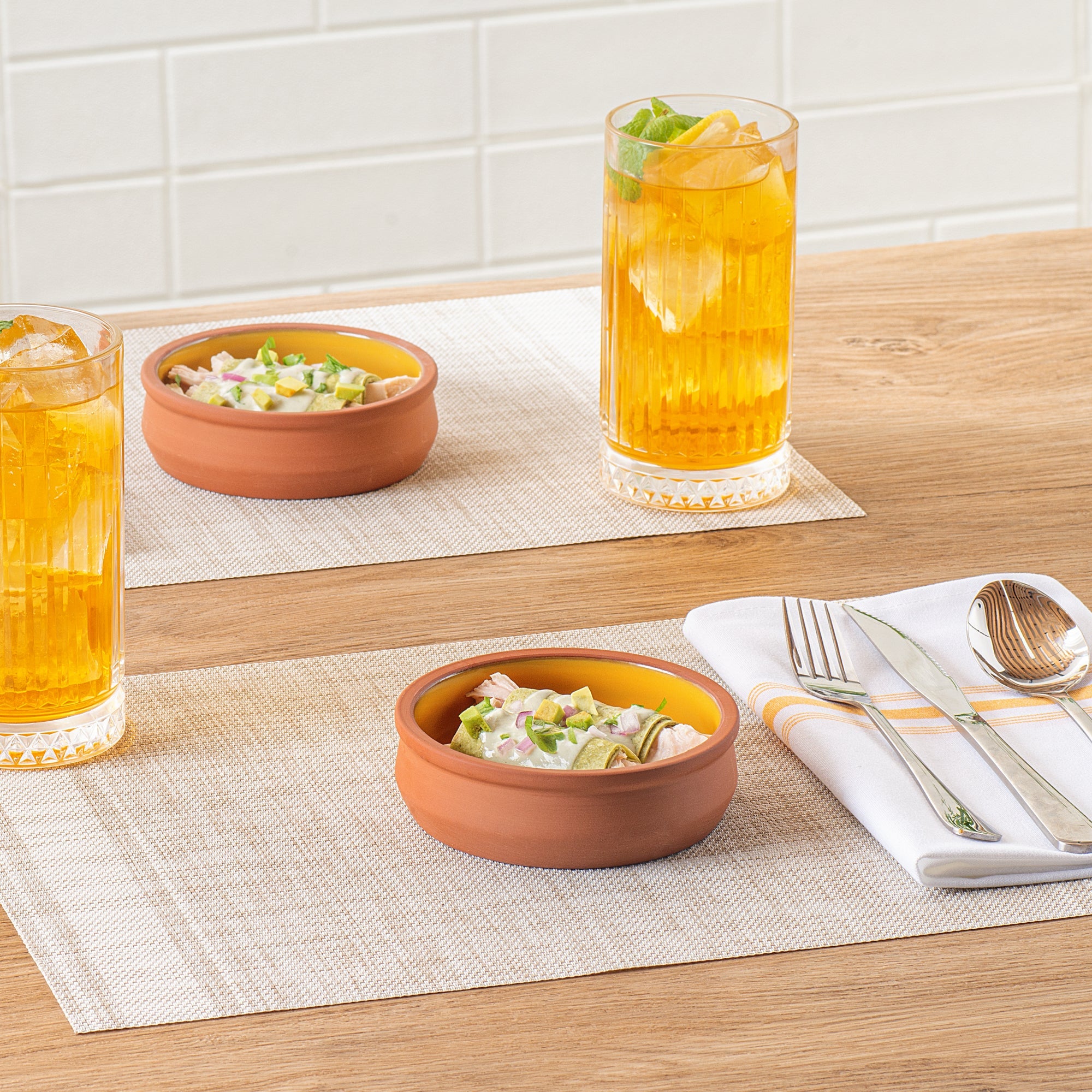 Terra Tek 9 oz Terracotta Cazuela Bowl - Yellow Glazed Interior, Oven-Safe, Microwave-Safe - 4 3/4'' x 4 3/4'' x 1 1/2'' - 10 count box