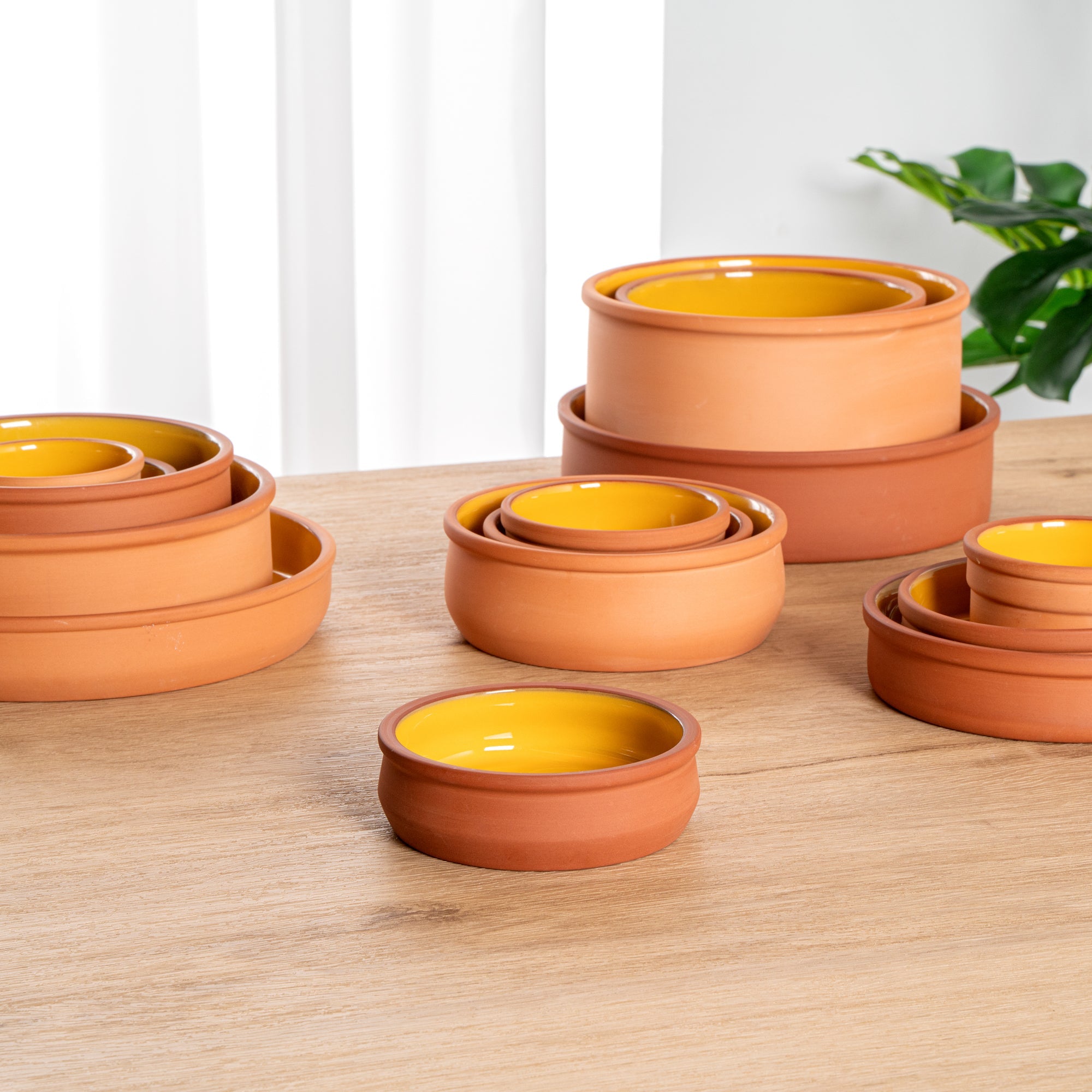 Terra Tek 9 oz Terracotta Cazuela Bowl - Yellow Glazed Interior, Oven-Safe, Microwave-Safe - 4 3/4'' x 4 3/4'' x 1 1/2'' - 10 count box