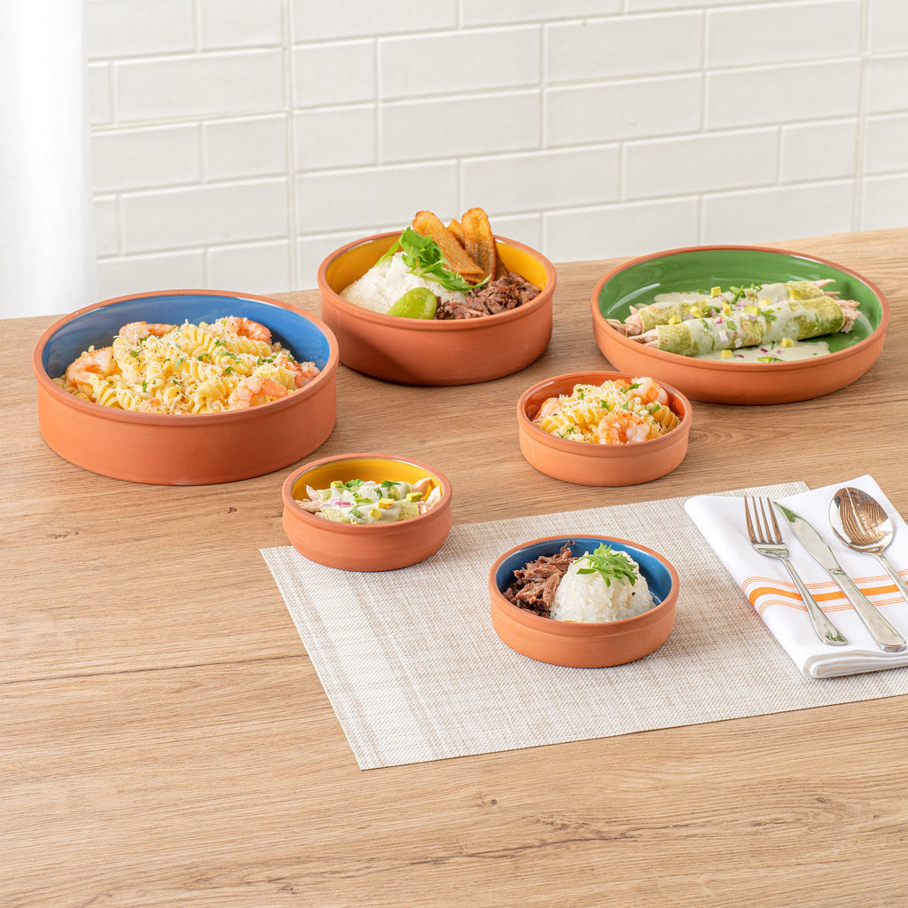 Terra Tek 9 oz Terracotta Cazuela Bowl - Blue Glazed Interior, Oven-Safe, Microwave-Safe - 5'' x 5'' x 1 1/4'' - 10 count box