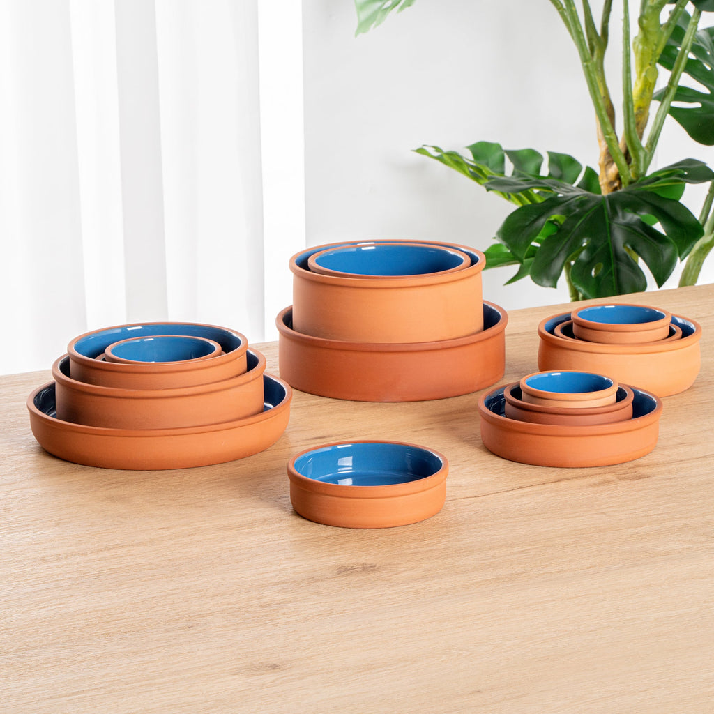 Terra Tek 9 oz Terracotta Cazuela Bowl - Blue Glazed Interior, Oven-Safe, Microwave-Safe - 5'' x 5'' x 1 1/4'' - 10 count box