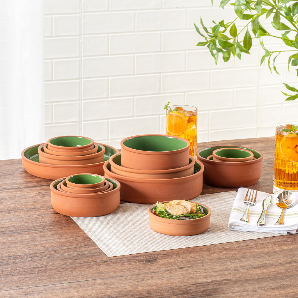 Terra Tek 9 oz Terracotta Cazuela Bowl - Green Glazed Interior, Oven-Safe, Microwave-Safe - 5'' x 5'' x 1 1/4'' - 2 count box