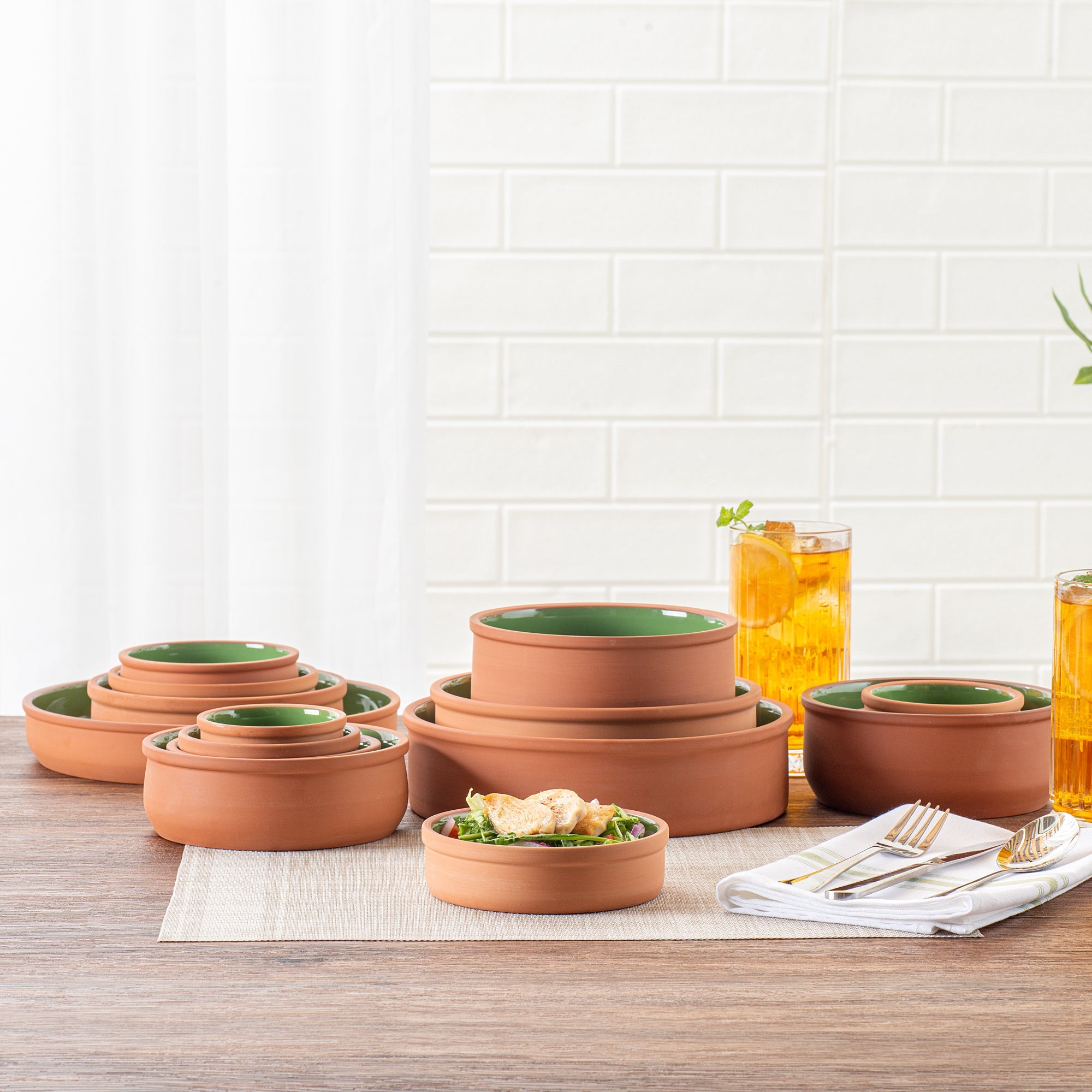 Terra Tek 9 oz Terracotta Cazuela Bowl - Green Glazed Interior, Oven-Safe, Microwave-Safe - 5'' x 5'' x 1 1/4'' - 10 count box