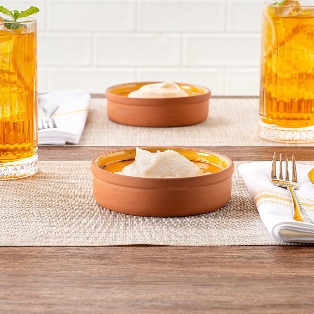 Terra Tek 9 oz Terracotta Cazuela Bowl - Yellow Glazed Interior, Oven-Safe, Microwave-Safe - 5'' x 5'' x 1 1/4'' - 2 count box