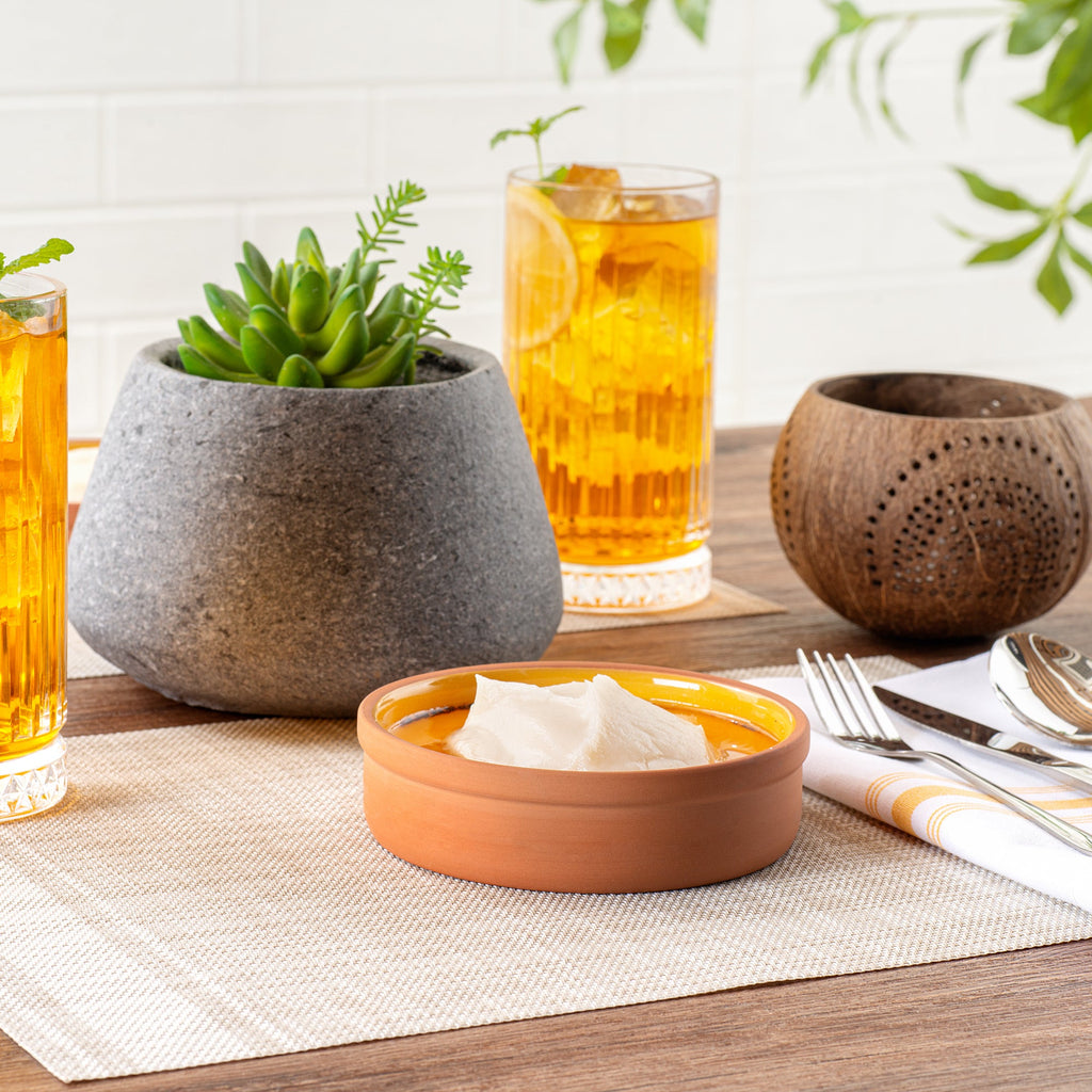 Terra Tek 9 oz Terracotta Cazuela Bowl - Yellow Glazed Interior, Oven-Safe, Microwave-Safe - 5'' x 5'' x 1 1/4'' - 10 count box