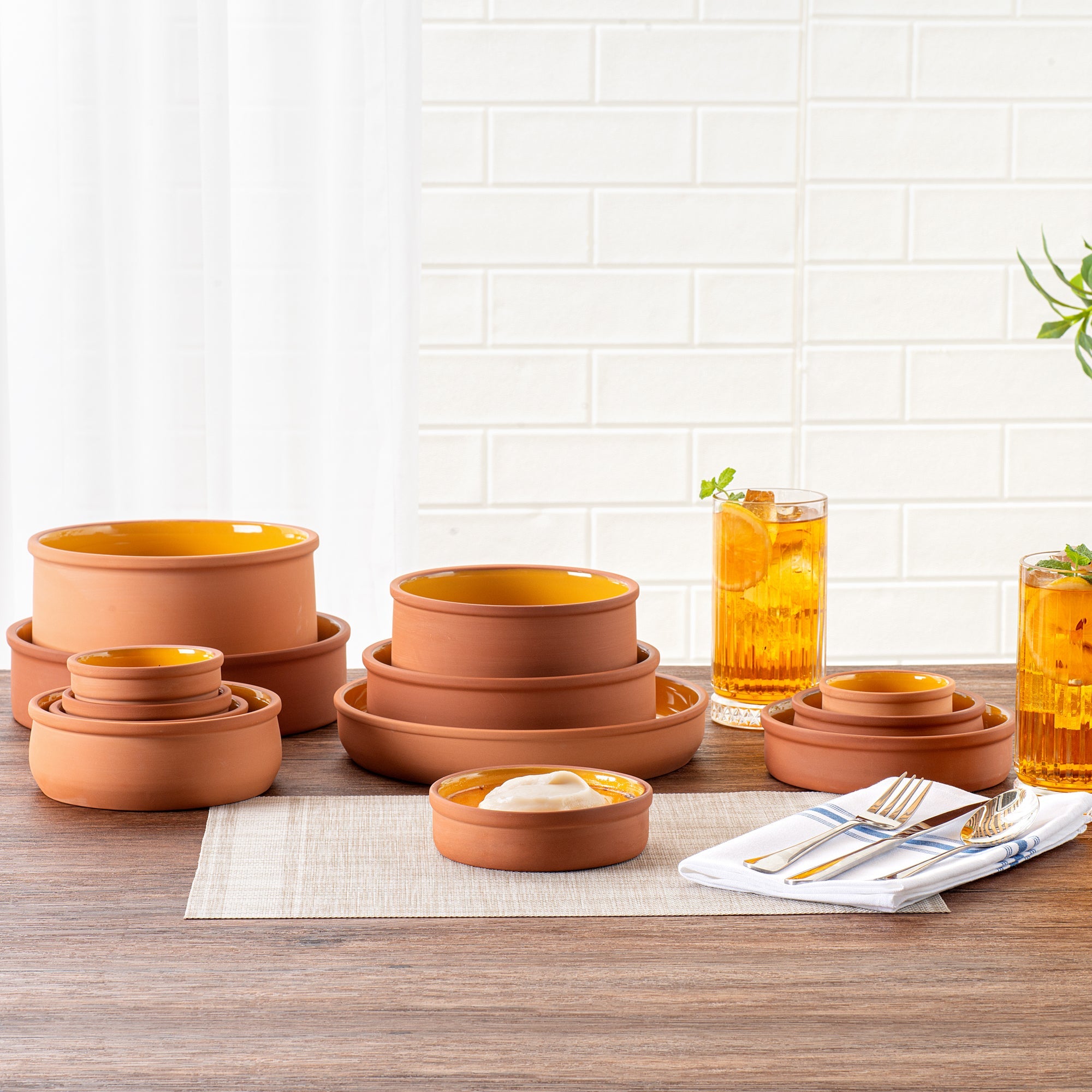 Terra Tek 9 oz Terracotta Cazuela Bowl - Yellow Glazed Interior, Oven-Safe, Microwave-Safe - 5'' x 5'' x 1 1/4'' - 10 count box
