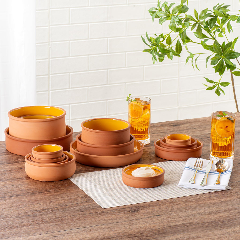 Terra Tek 9 oz Terracotta Cazuela Bowl - Yellow Glazed Interior, Oven-Safe, Microwave-Safe - 5'' x 5'' x 1 1/4'' - 10 count box