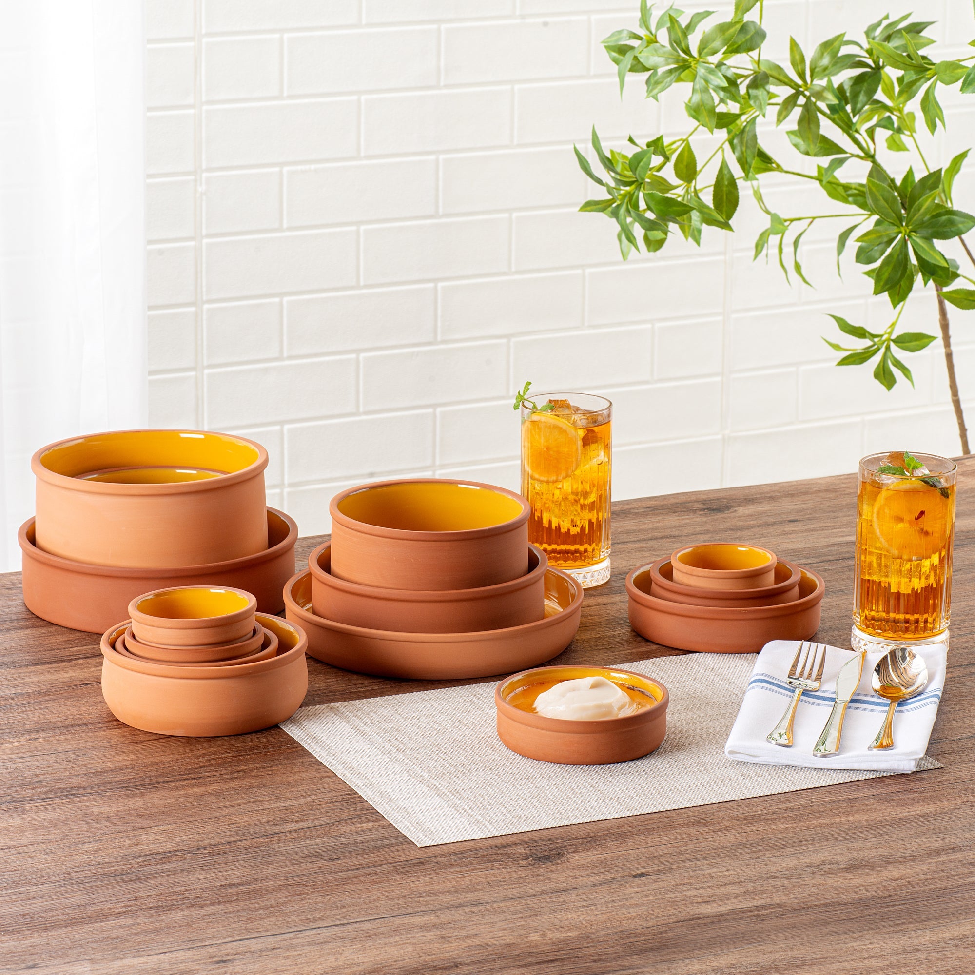 Terra Tek 9 oz Terracotta Cazuela Bowl - Yellow Glazed Interior, Oven-Safe, Microwave-Safe - 5'' x 5'' x 1 1/4'' - 10 count box
